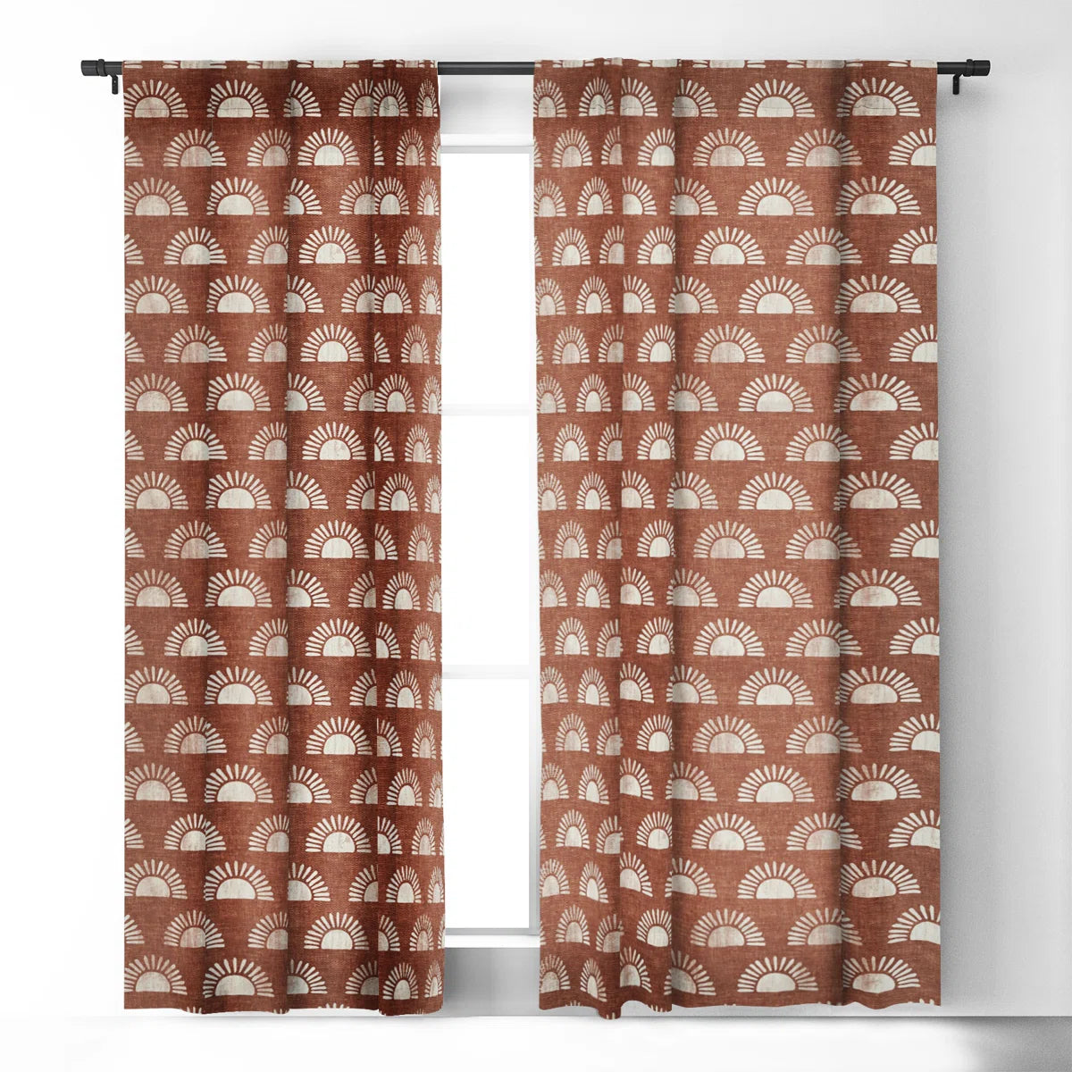 Block Print Suns On Rust 1pc Blackout Window Curtain Panel