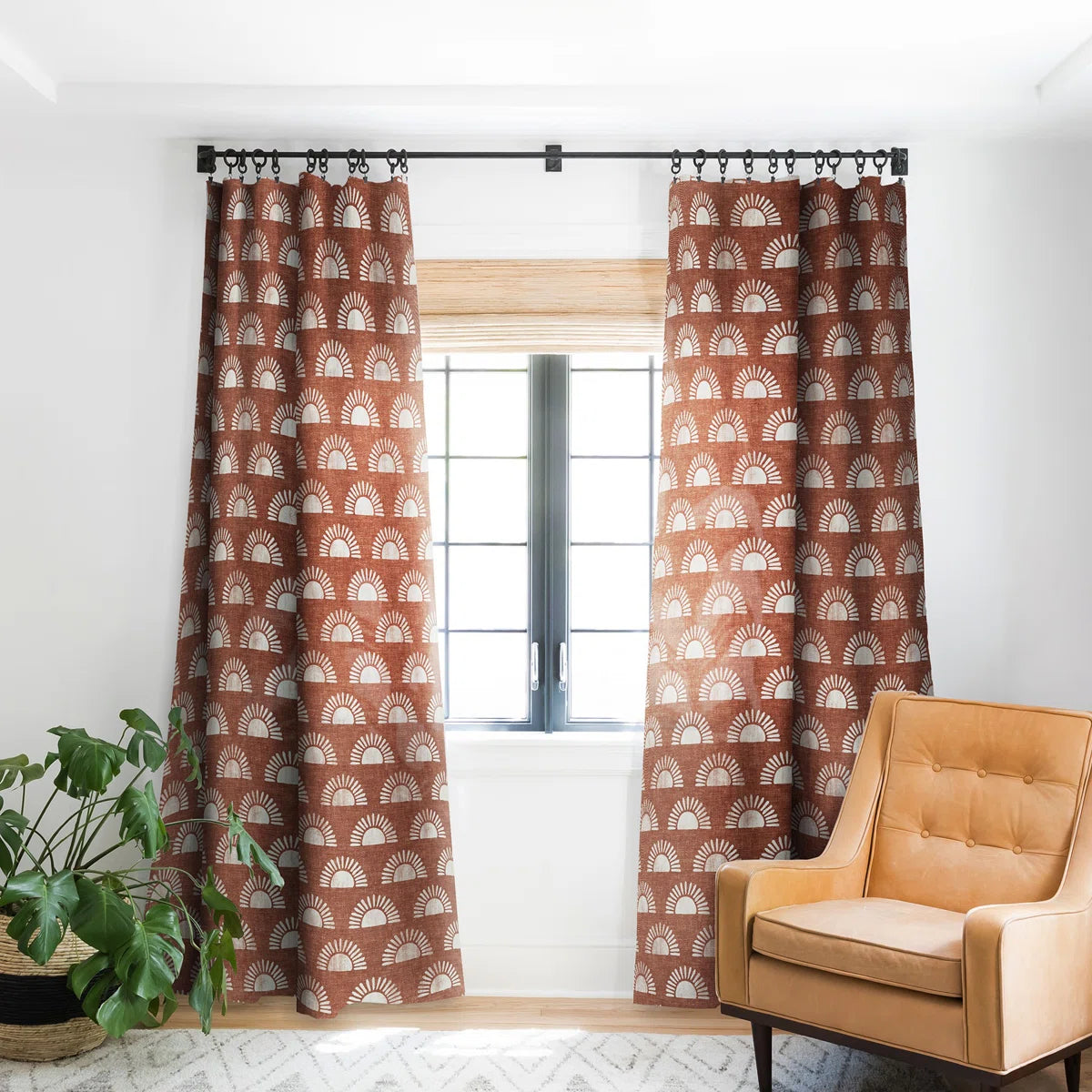 Block Print Suns On Rust 1pc Blackout Window Curtain Panel