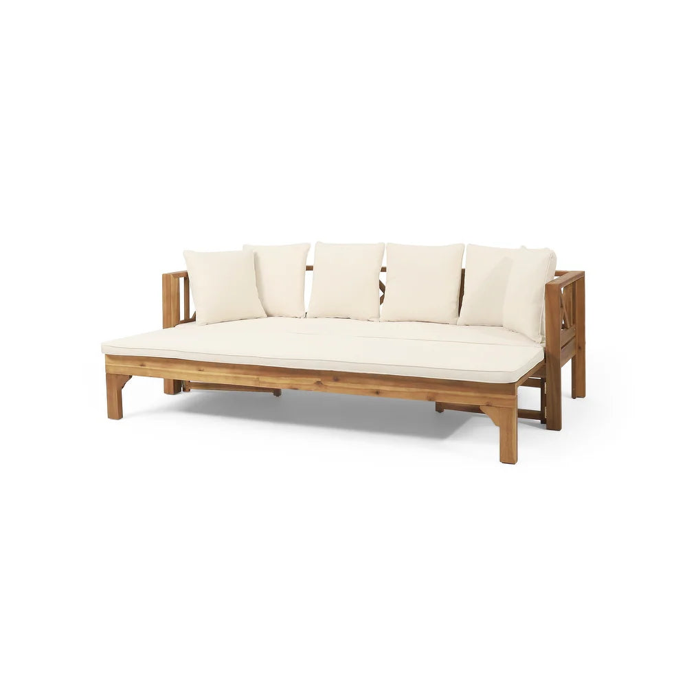 Long Beach Outdoor Extendable Acacia Wood Daybed Sofa - Teak + Beige