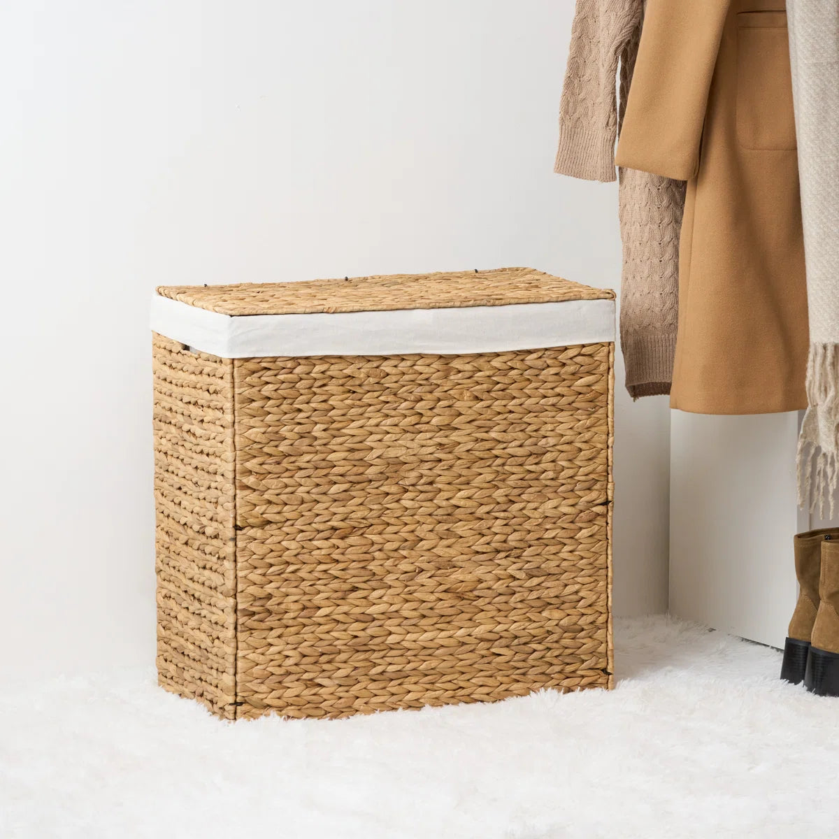 Ludmilla Round Tall Water Hyacinth Woven Wicker 2-Section Laundry Hamper SHOWROOM ITEM