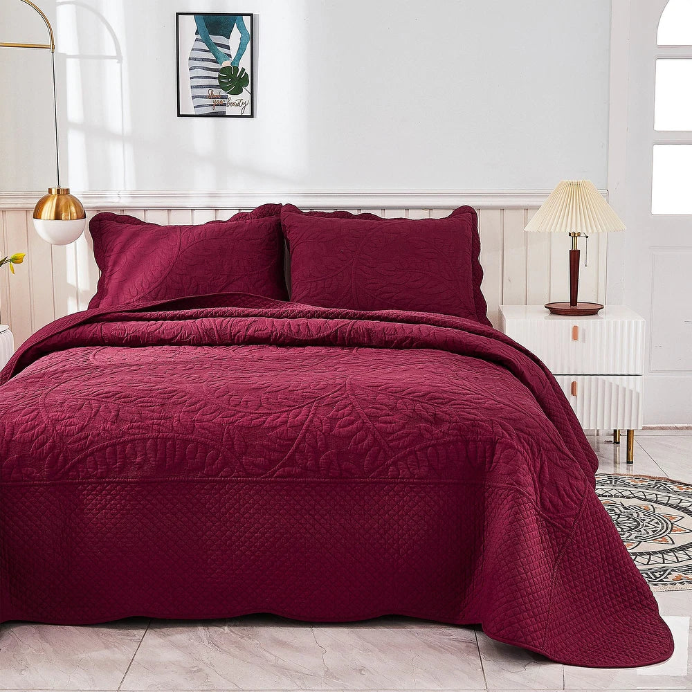 3 Piece Cotton Oversized Bedspread Quilt Set Tmonica - Wine Burgundy - Queen