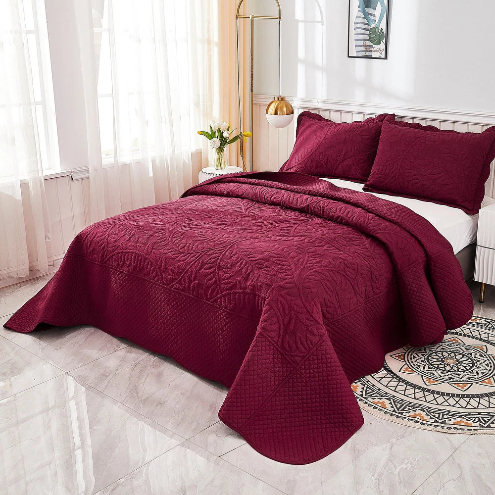 3 Piece Cotton Oversized Bedspread Quilt Set Tmonica - Wine Burgundy - Queen