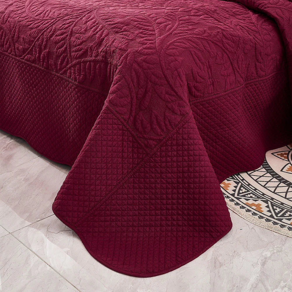 3 Piece Cotton Oversized Bedspread Quilt Set Tmonica - Wine Burgundy - Queen
