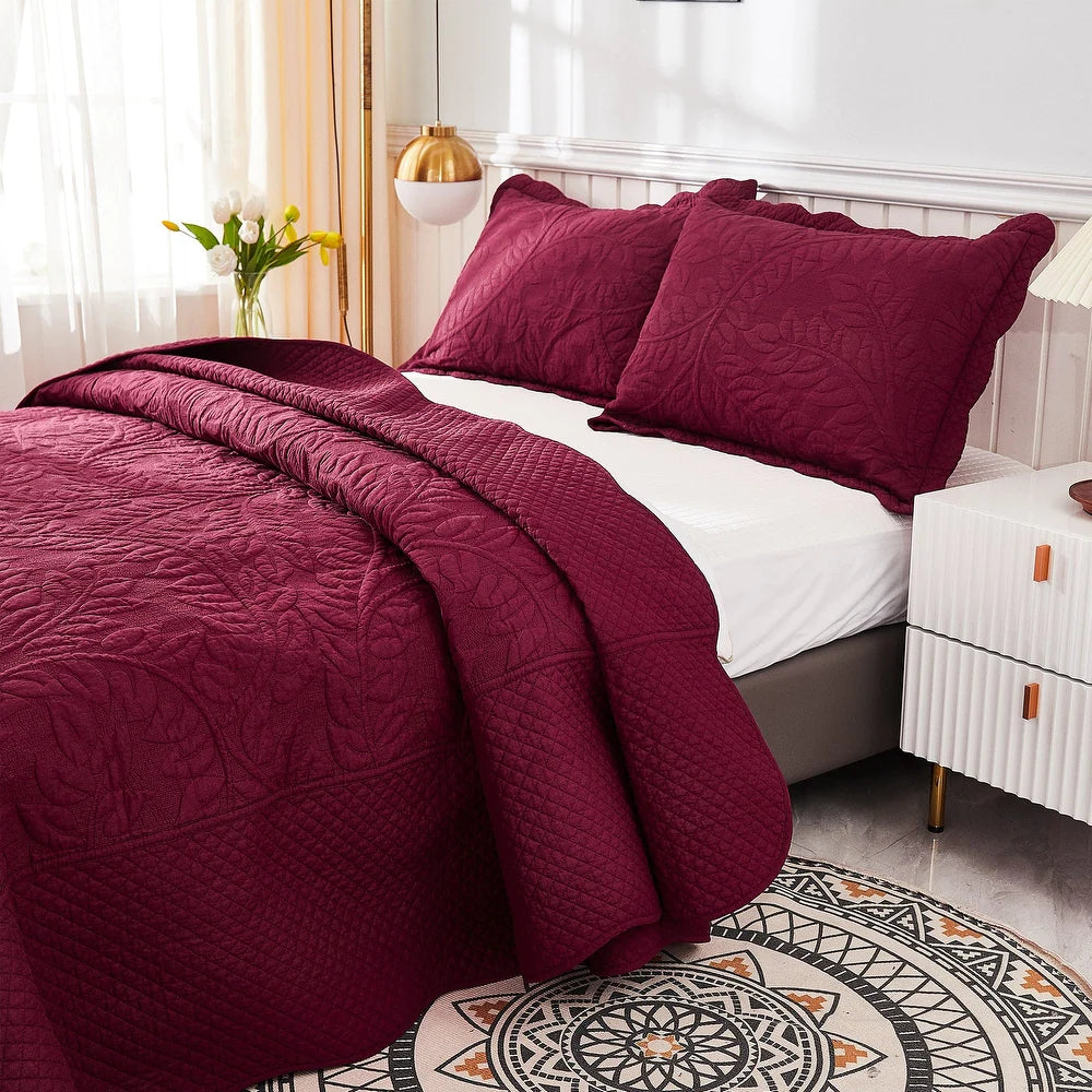 3 Piece Cotton Oversized Bedspread Quilt Set Tmonica - Wine Burgundy - Queen