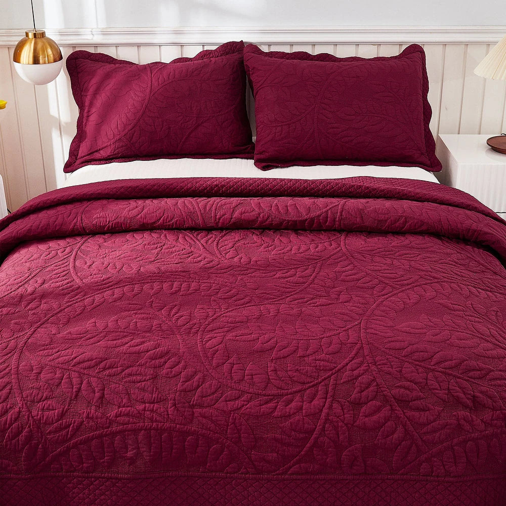 3 Piece Cotton Oversized Bedspread Quilt Set Tmonica - Wine Burgundy - Queen