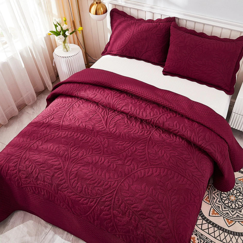 3 Piece Cotton Oversized Bedspread Quilt Set Tmonica - Wine Burgundy - Queen