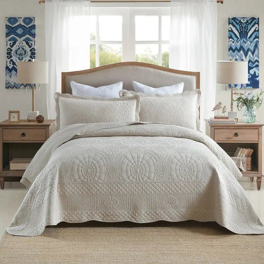 3Pcs 100% Cotton Oversized Quilt Bedspread Coverlet Set TF - Elegant Beige - King