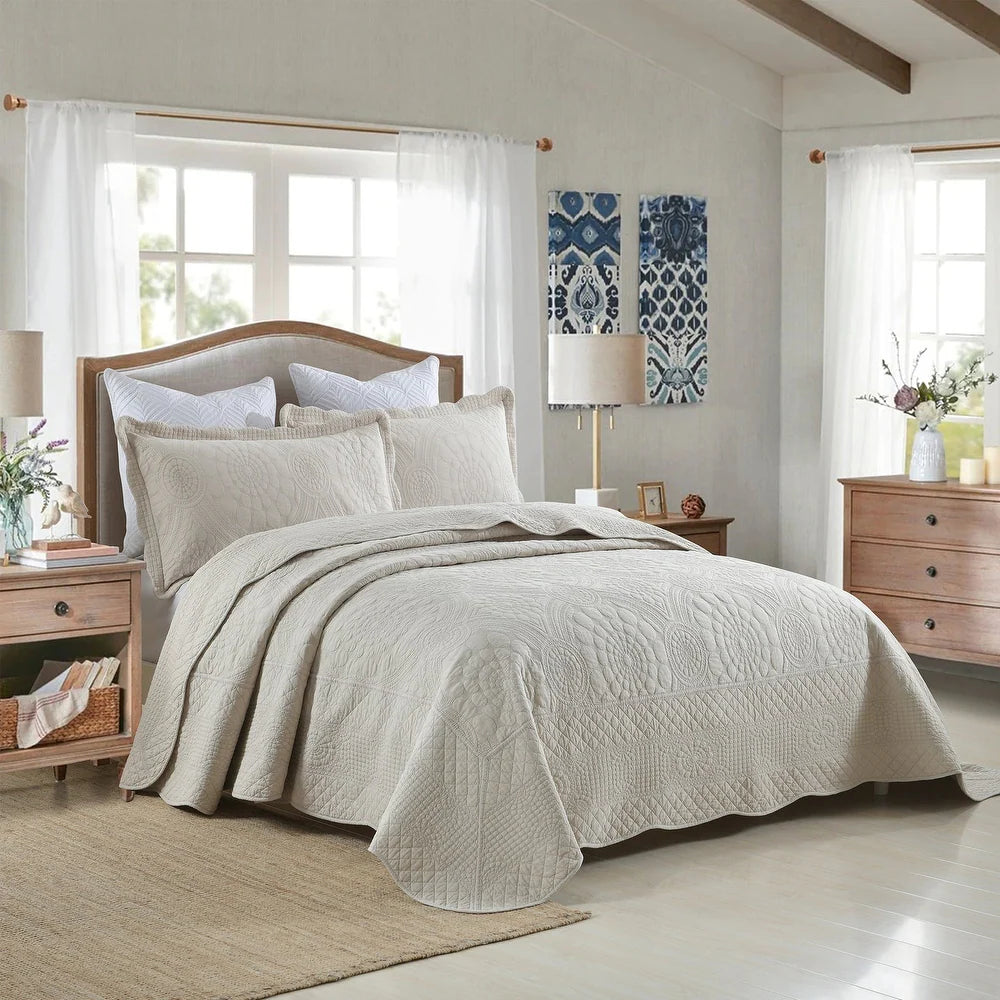 3Pcs 100% Cotton Oversized Quilt Bedspread Coverlet Set TF - Elegant Beige - King