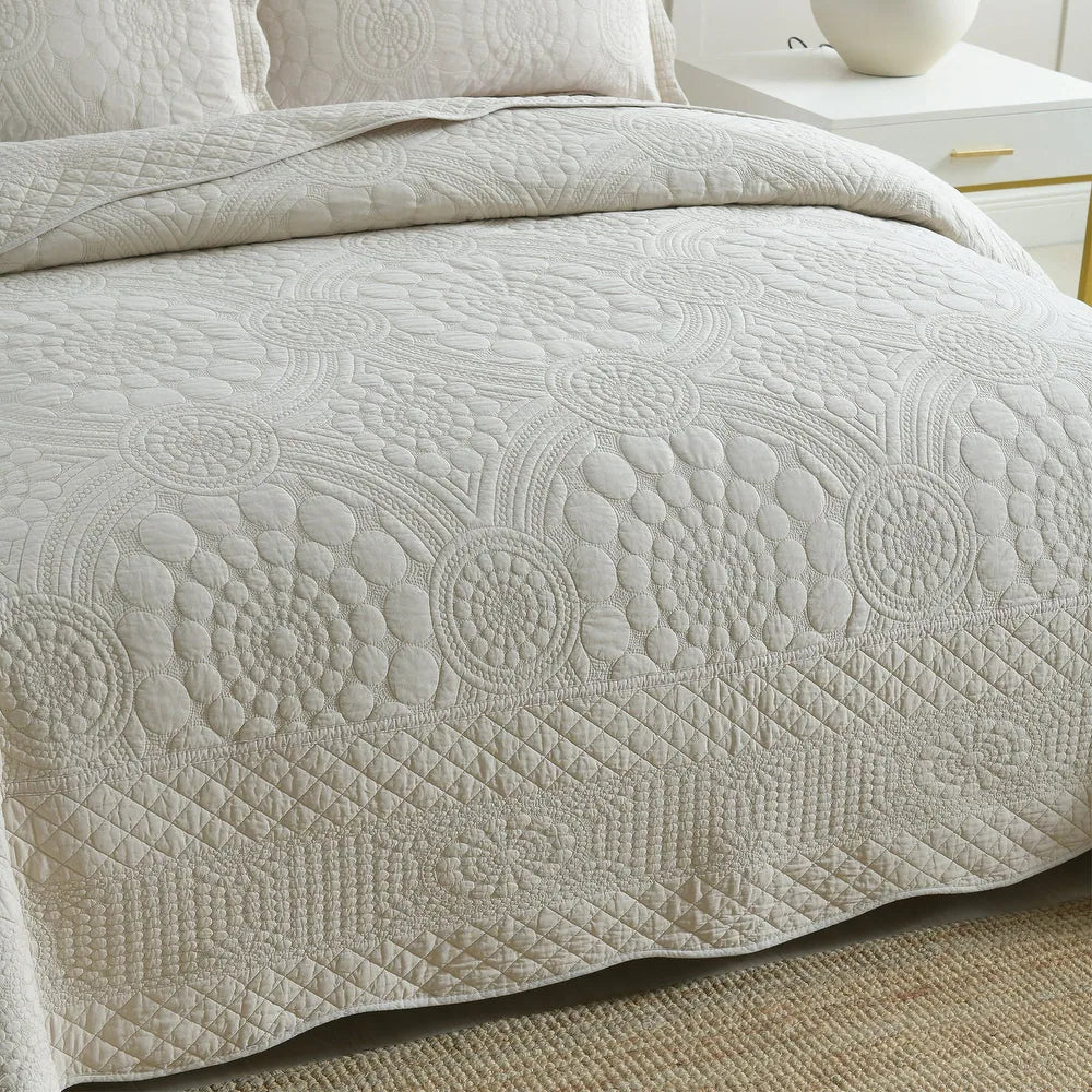 3Pcs 100% Cotton Oversized Quilt Bedspread Coverlet Set TF - Elegant Beige - King