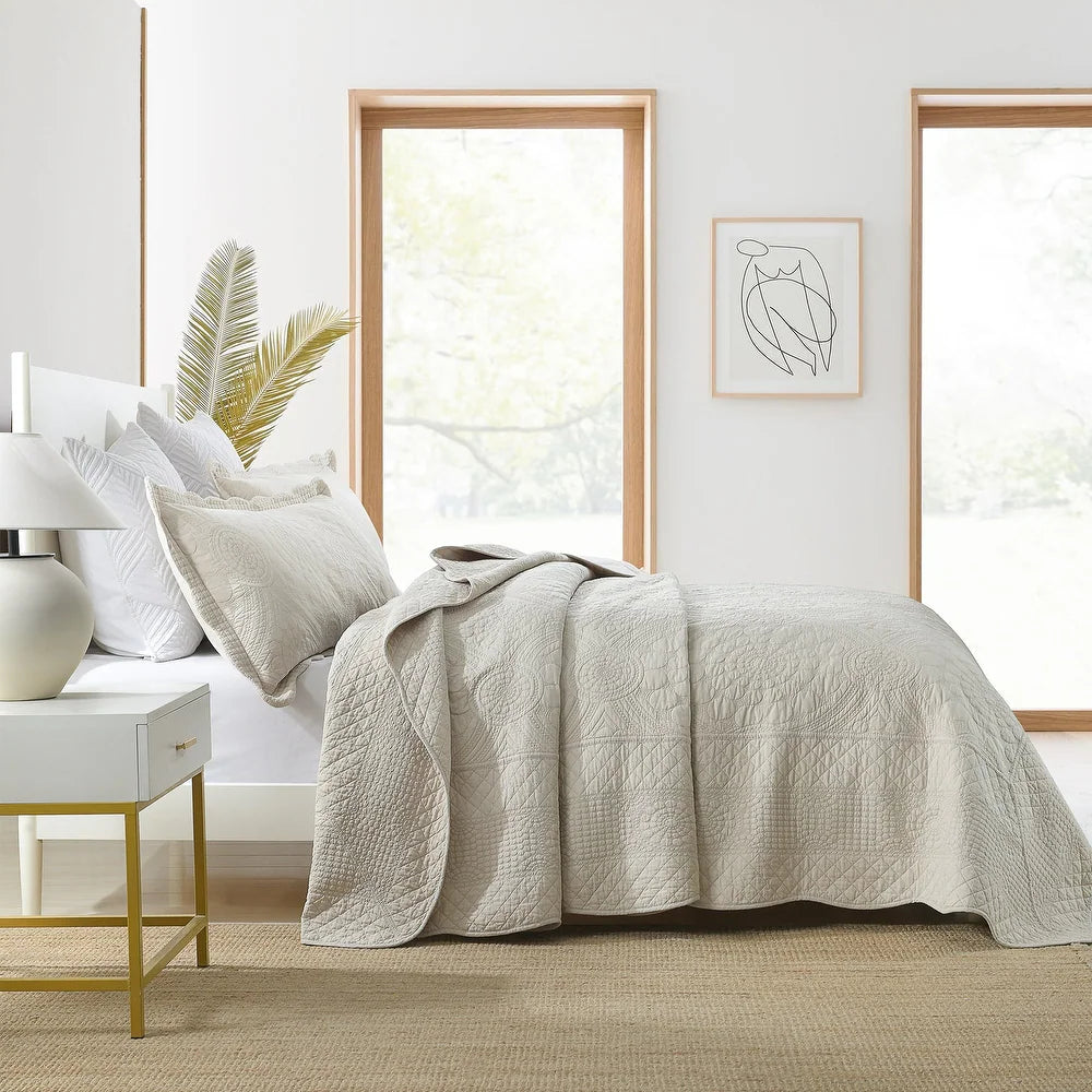 3Pcs 100% Cotton Oversized Quilt Bedspread Coverlet Set TF - Elegant Beige - King