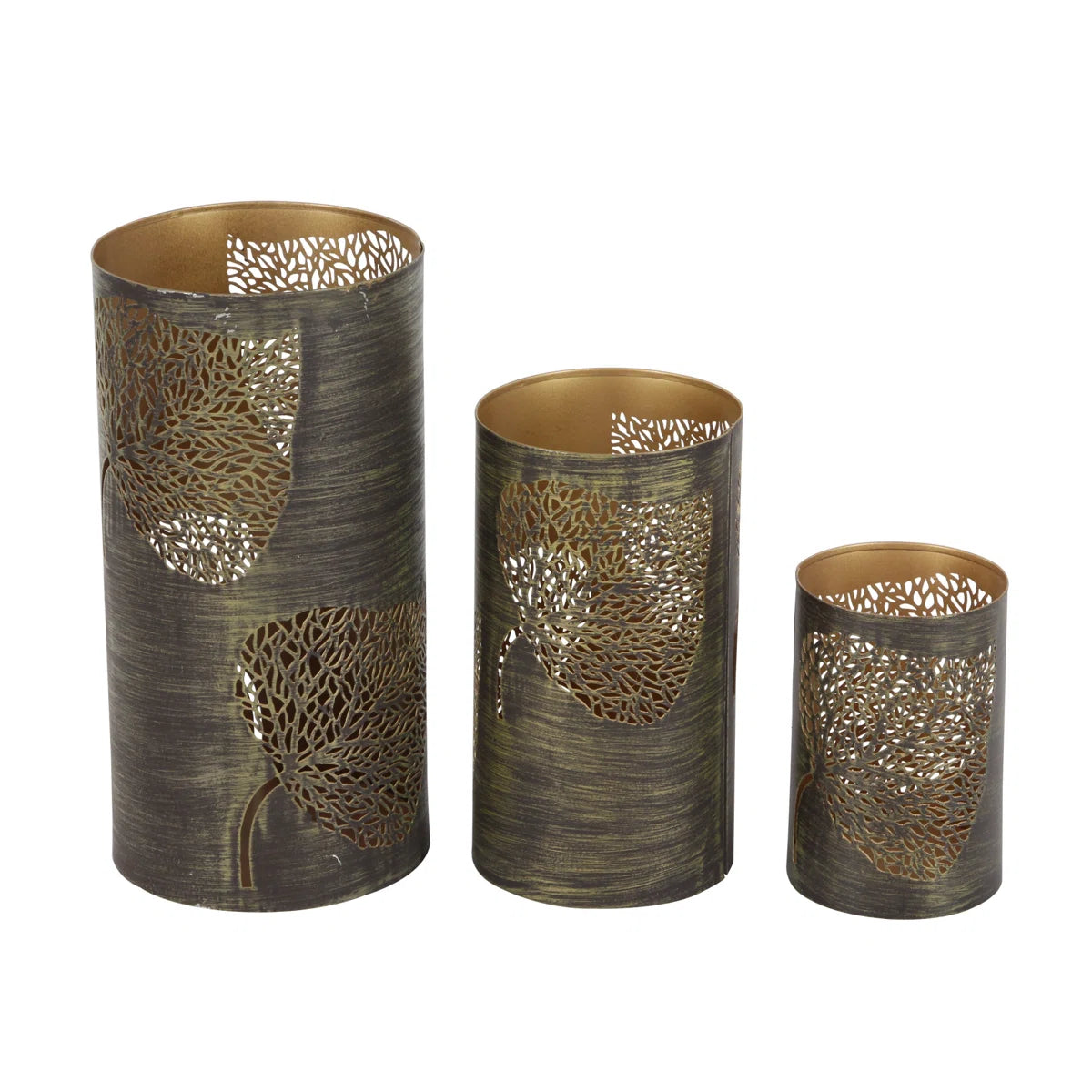 Metal Leaf Decorative Indoor Outdoor Copper Candle Lantern Set