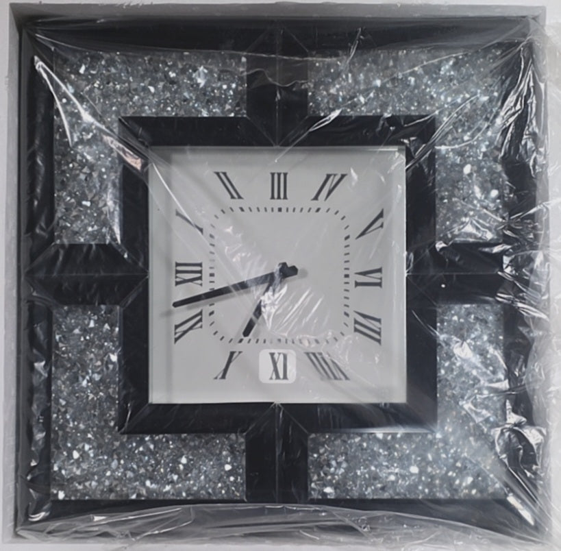 Glass Mirrored Wall Clock with Floating Crystals Black - Silent, Square, Glam Style Decor