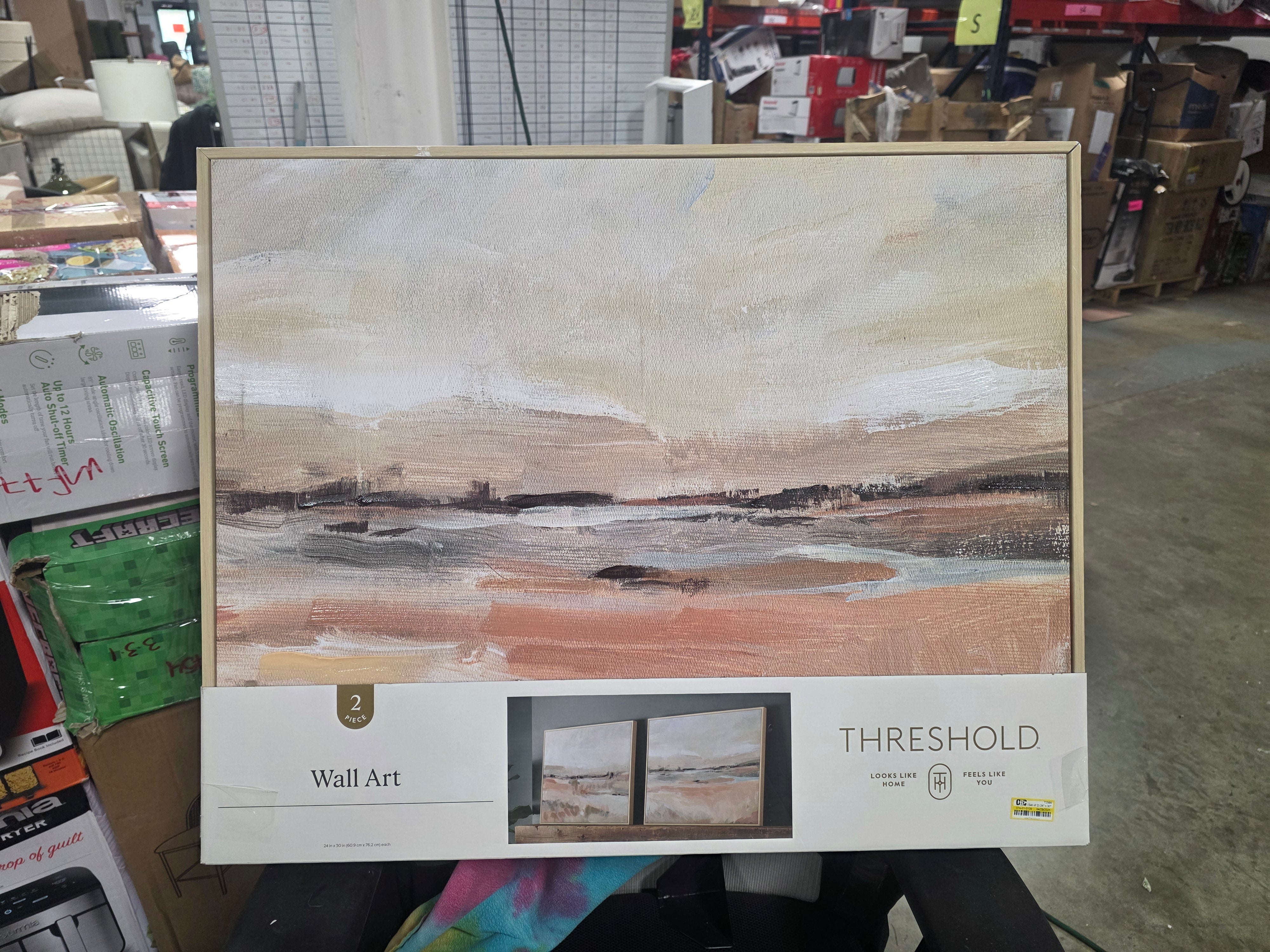 (Set of 2) Faded Landscape Framed Wall Canvases Natural - Polystyrene Frame, Blockprint Art