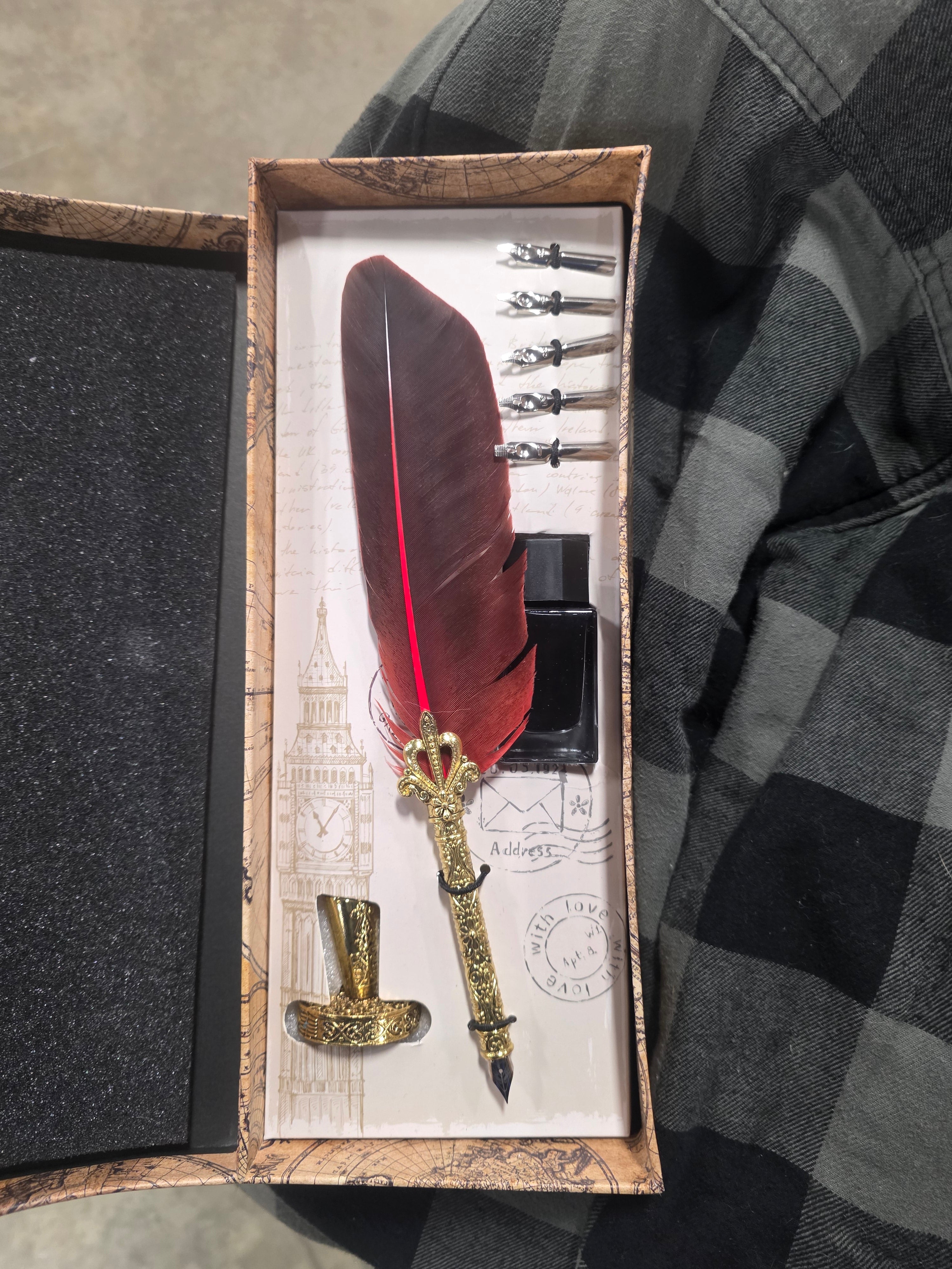 Antique Feather Pen and Ink Set -  Red Feather Quill Pen and Ink Set with Stainless Steel Nib
