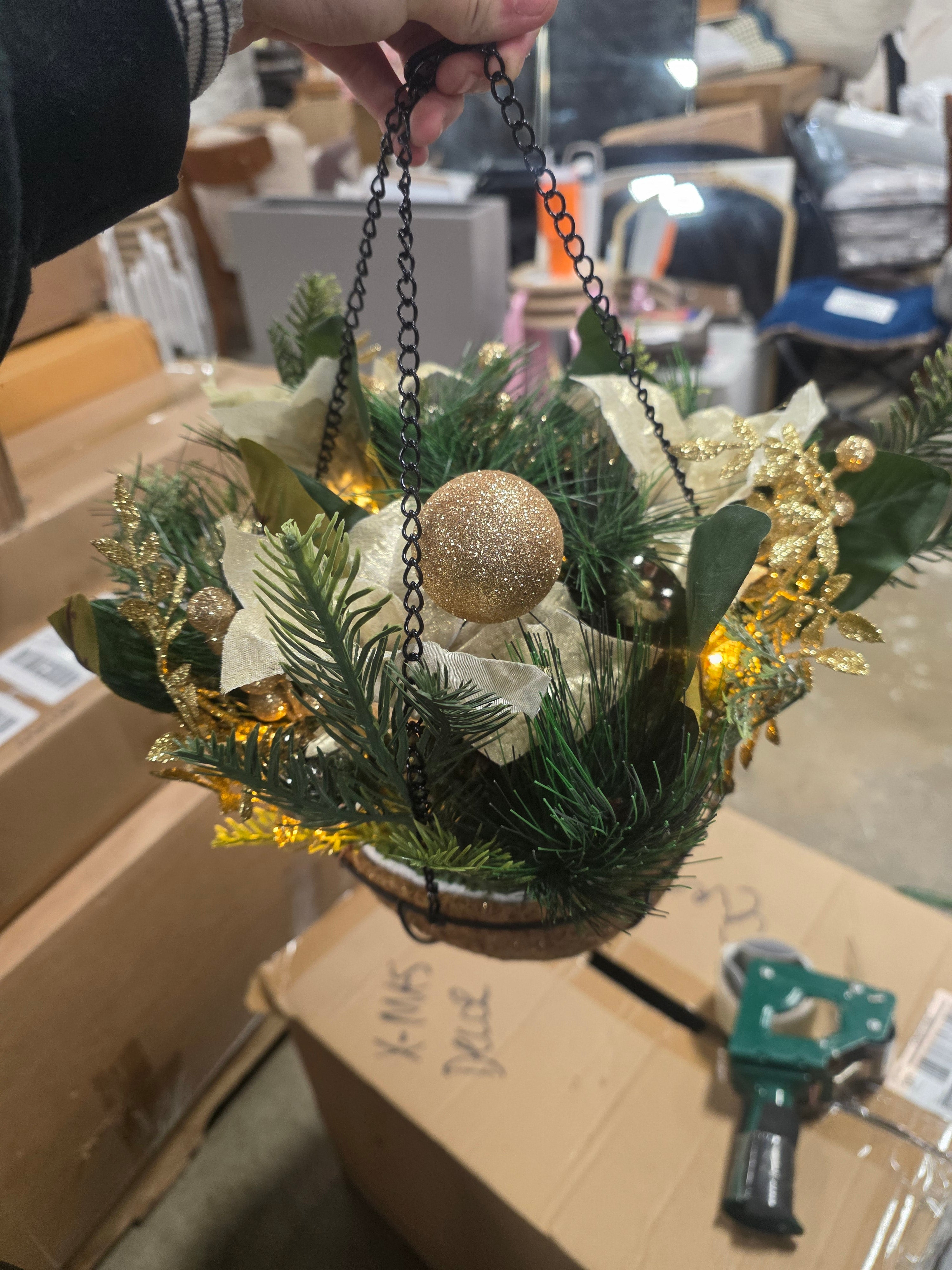 Lighted LED Christmas Cream Poinsettia Berries Winter Pine Hanging Basket final cut