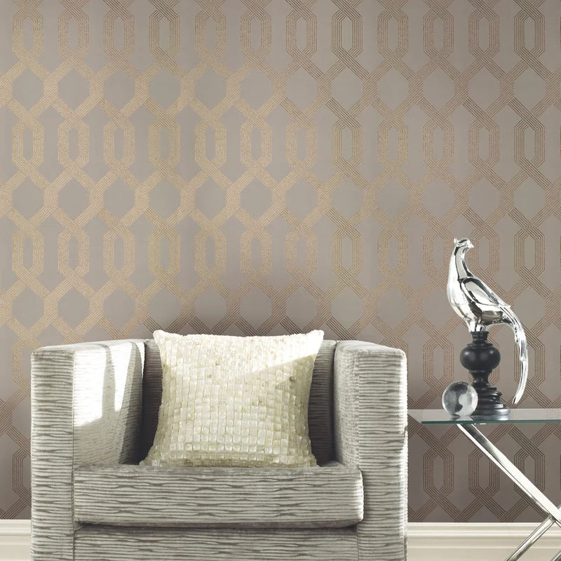 SET OF 3 Mid Century Geometric Wallpaper Roll, beige/gold