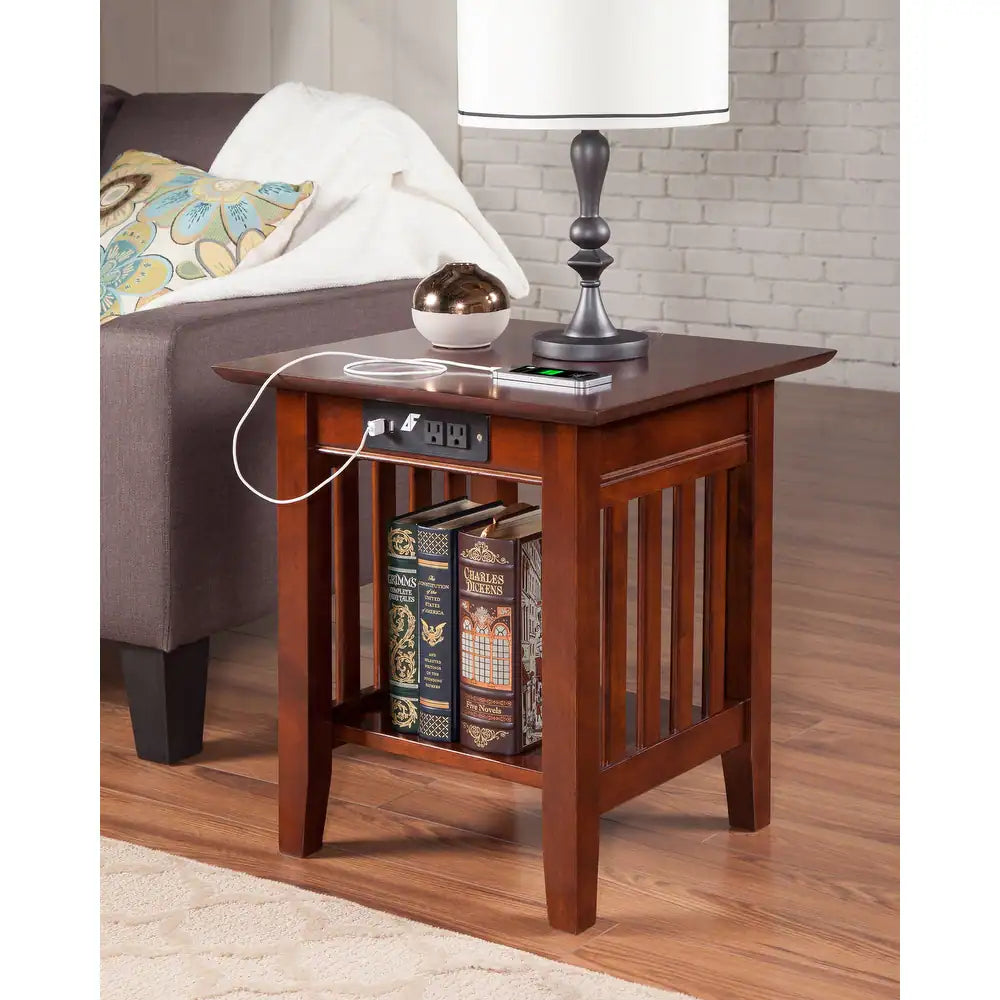 Mission Solid Wood End Table with BuiltIn Charging Station Walnut