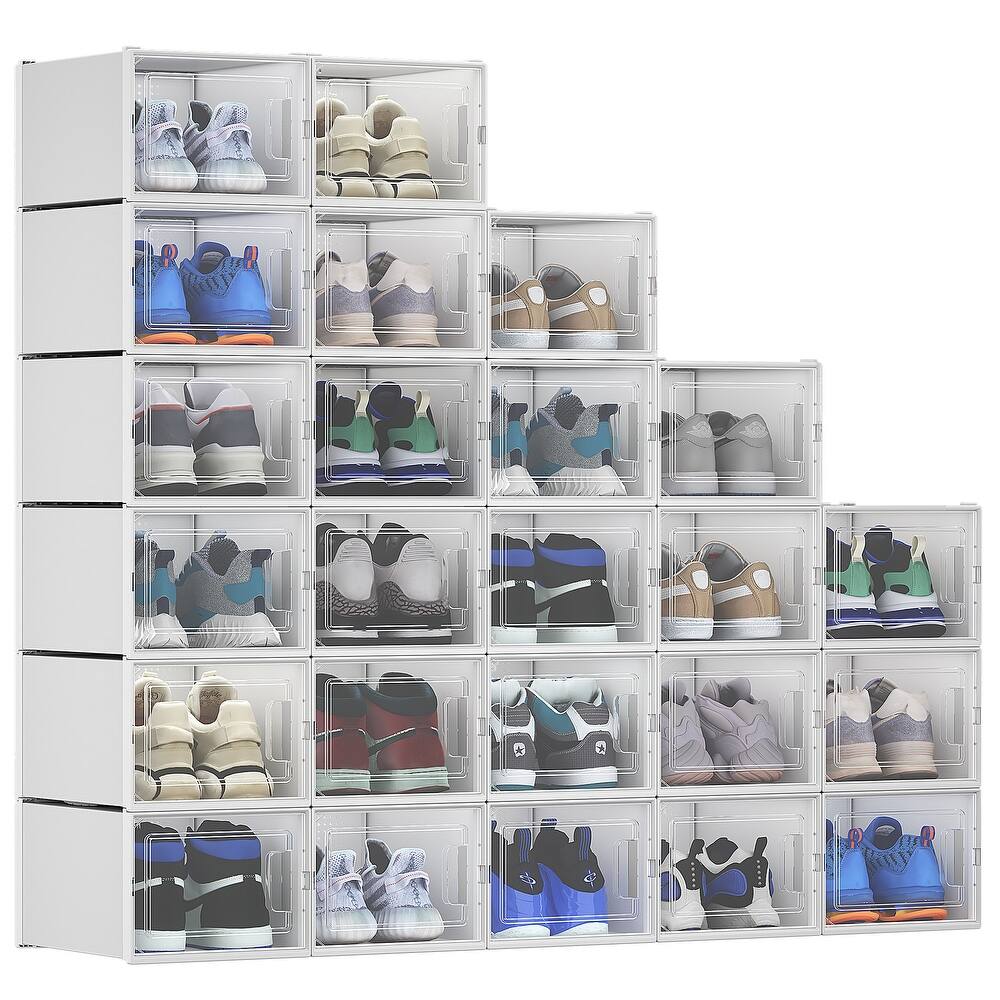 XL 24 Pack Shoe Storage Boxes Clear Plastic Stackable Shoe Organizer - White