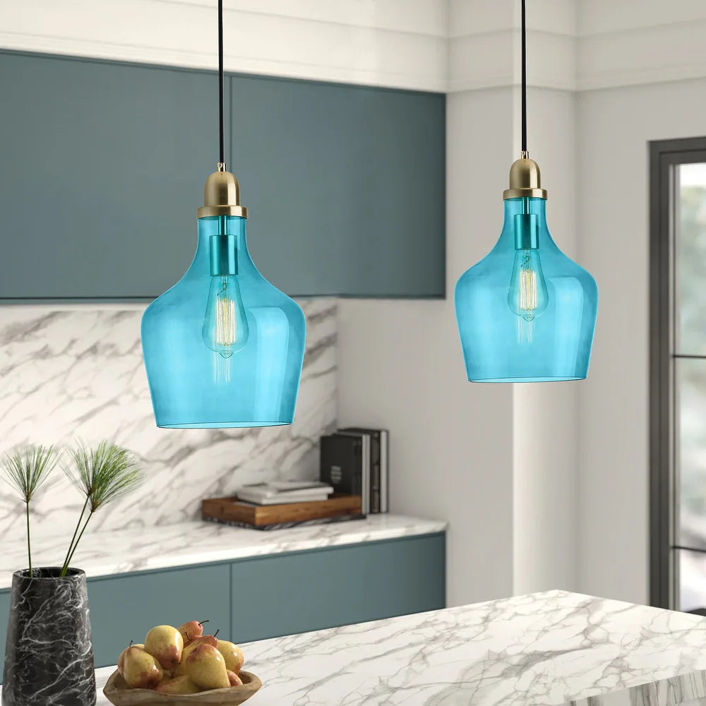 Modern Hand Blown Blue Glass Kitchen Island Pendant Lamp Ajustable Height (Set of 2) - 2 Boxes