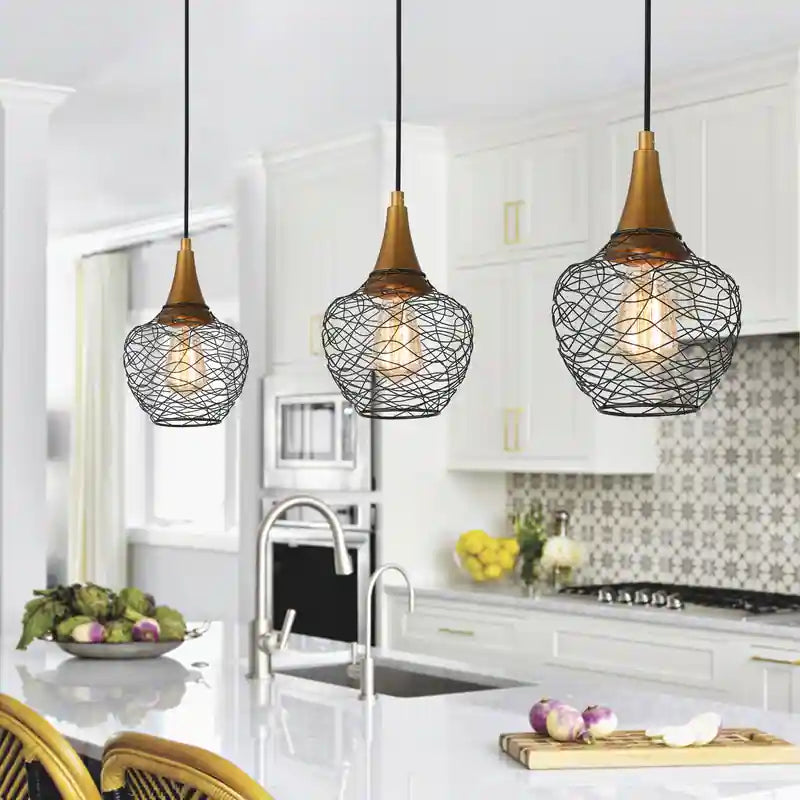 Modern 7inch Mini Farmhouse Metal Cage Pendant 1-Light Black Wire Kitchen Island Bar Lights - Black Wire