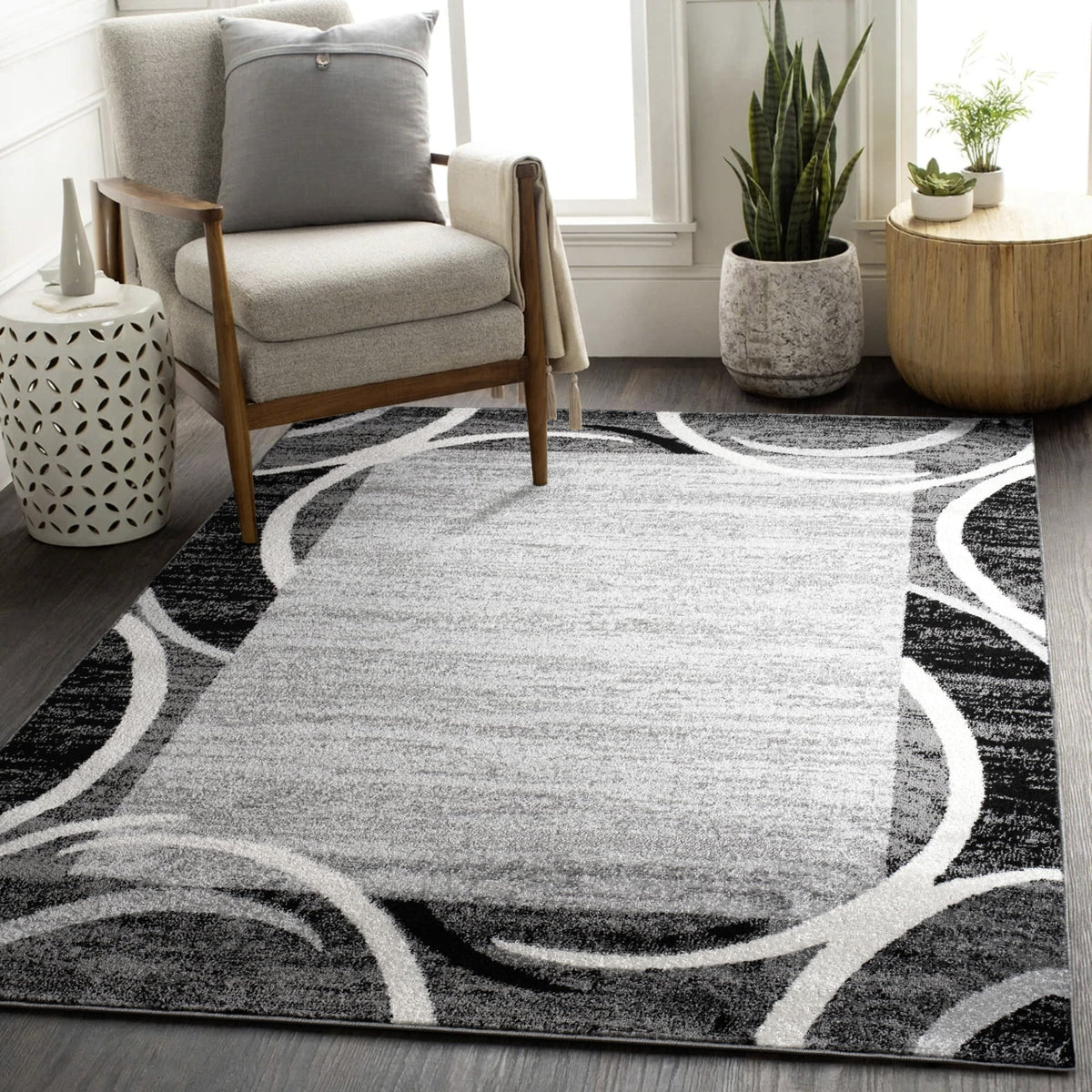 Modern Area Rug with Classic Border Design for Living Room in Grey - 6 ...