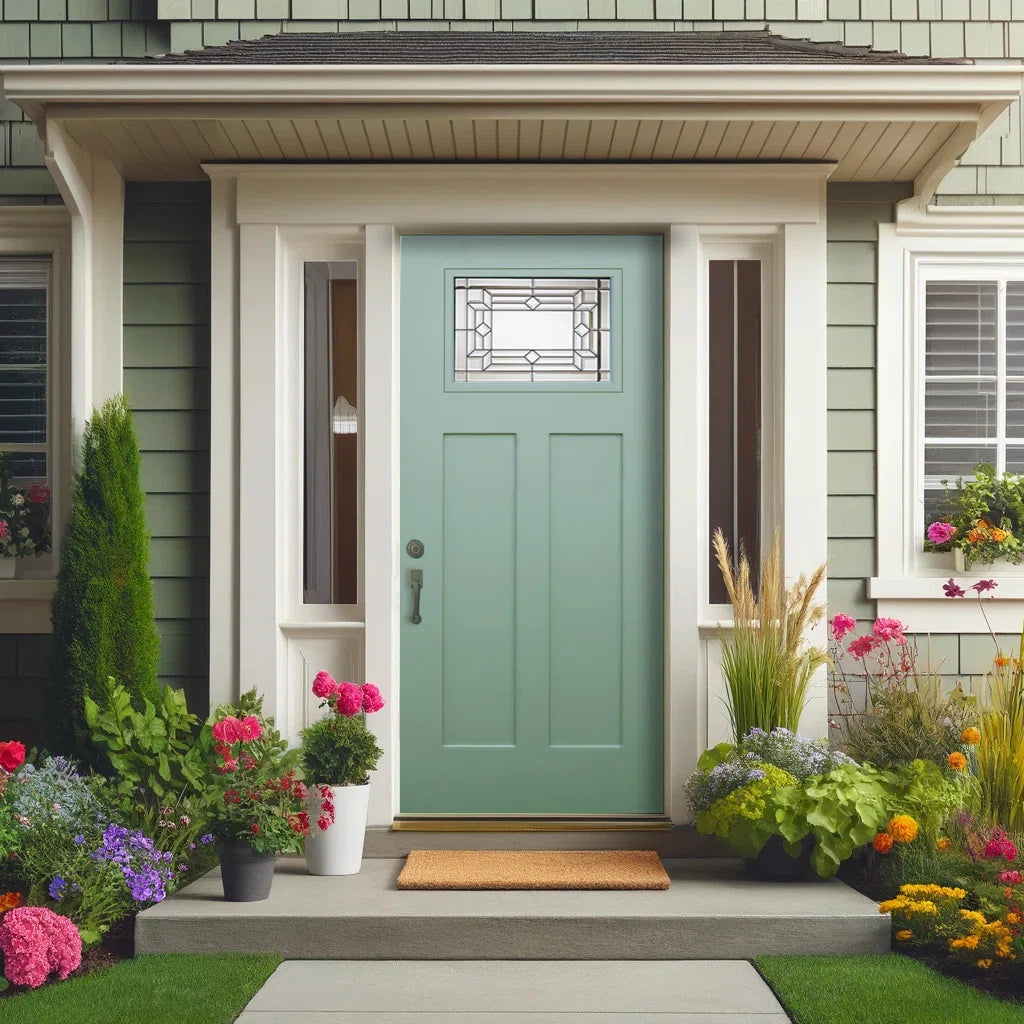 Modern Exterior Fiberglass Front Entry Door Slab with Designer Decorative Glass Door Slab Only