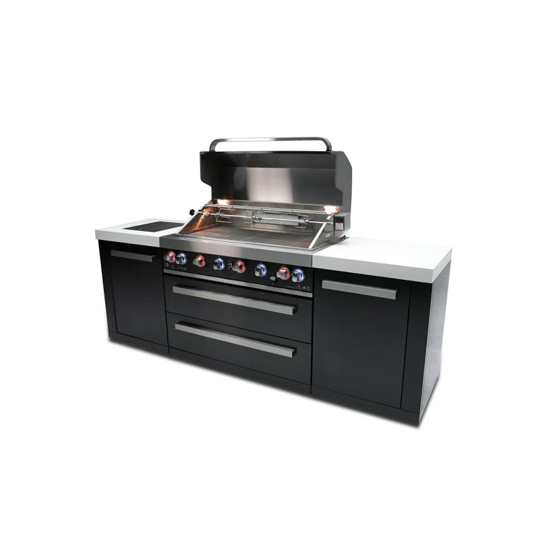 Mont Alpi 6-Burner Black Stainless Steel Outdoor Kitchen Barbecue Island Grill Side Cabinets