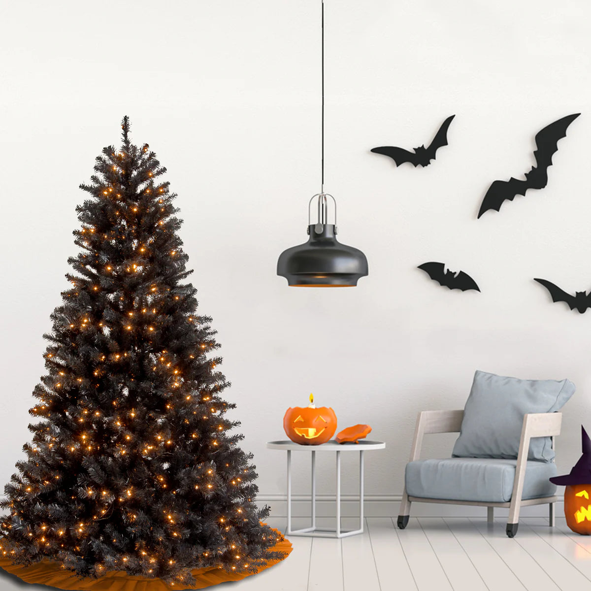 Halloween Pre-Lit Artificial Full Christmas Tree, Black, North Valley Spruce, White Lights, Includes Stand,