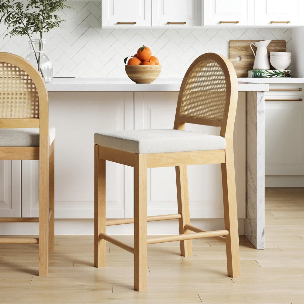 Bailey Boucle Upholstered Rattan Bar Stool or Counter Height Stool with Natural Rattan Woven Back For Kitchen Island - Single