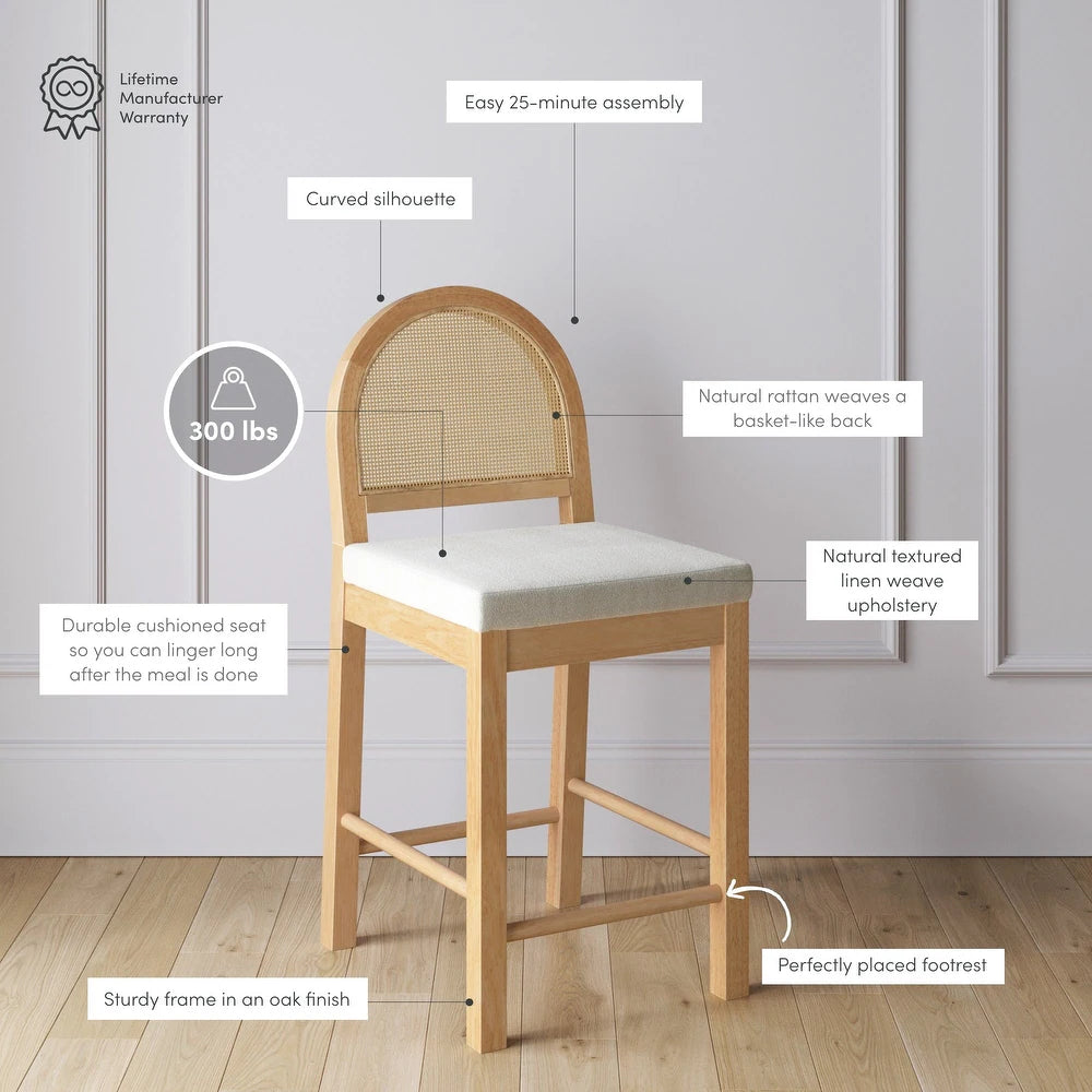 Bailey Boucle Upholstered Rattan Bar Stool or Counter Height Stool with Natural Rattan Woven Back For Kitchen Island - Single