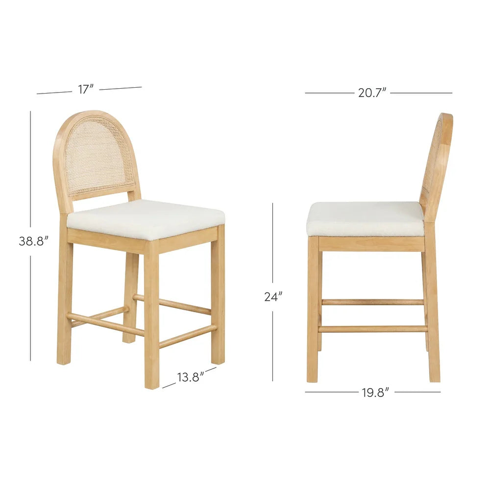 Bailey Boucle Upholstered Rattan Bar Stool or Counter Height Stool with Natural Rattan Woven Back For Kitchen Island - Single