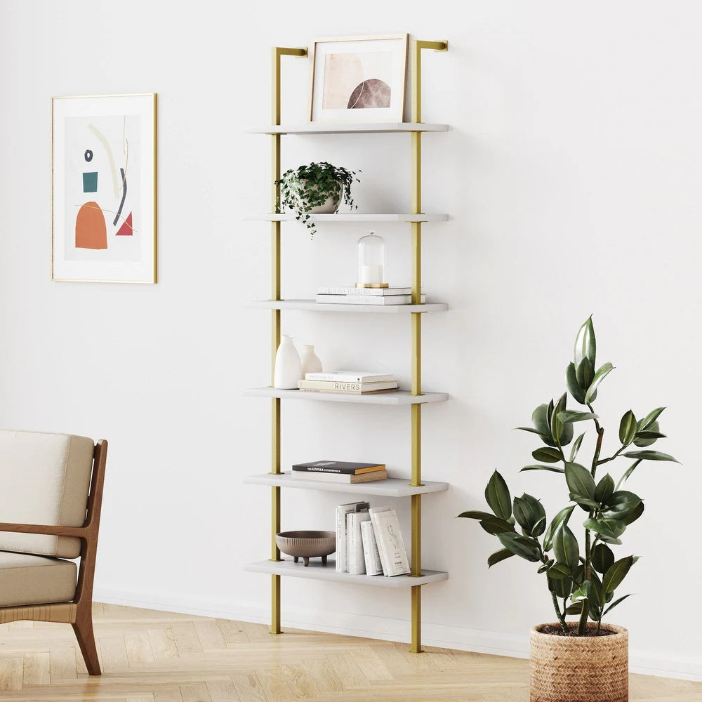 6-Shelf Tall Bookcase, Wall Mount Bookshelf Wood with Metal Frame - White/Gold Brass