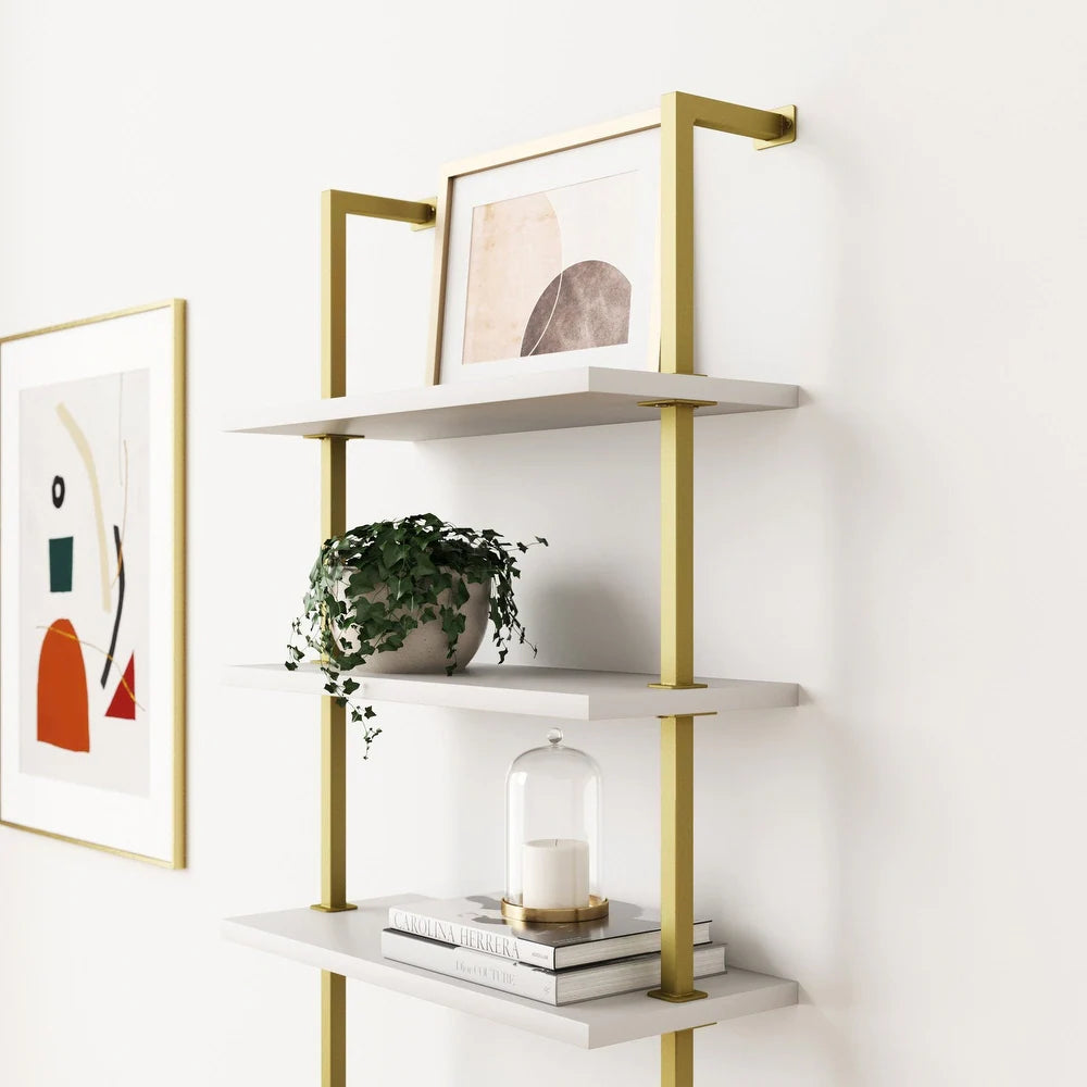 6-Shelf Tall Bookcase, Wall Mount Bookshelf Wood with Metal Frame - White/Gold Brass