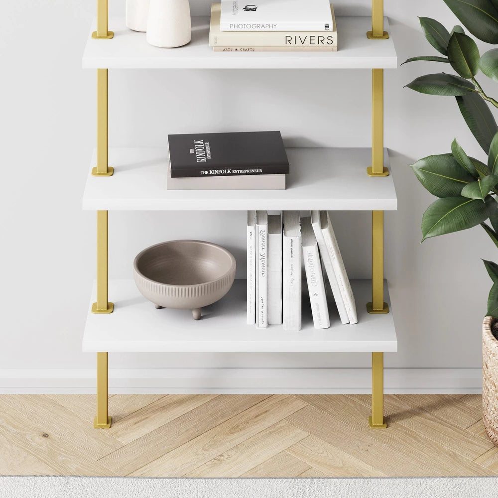 6-Shelf Tall Bookcase, Wall Mount Bookshelf Wood with Metal Frame - White/Gold Brass