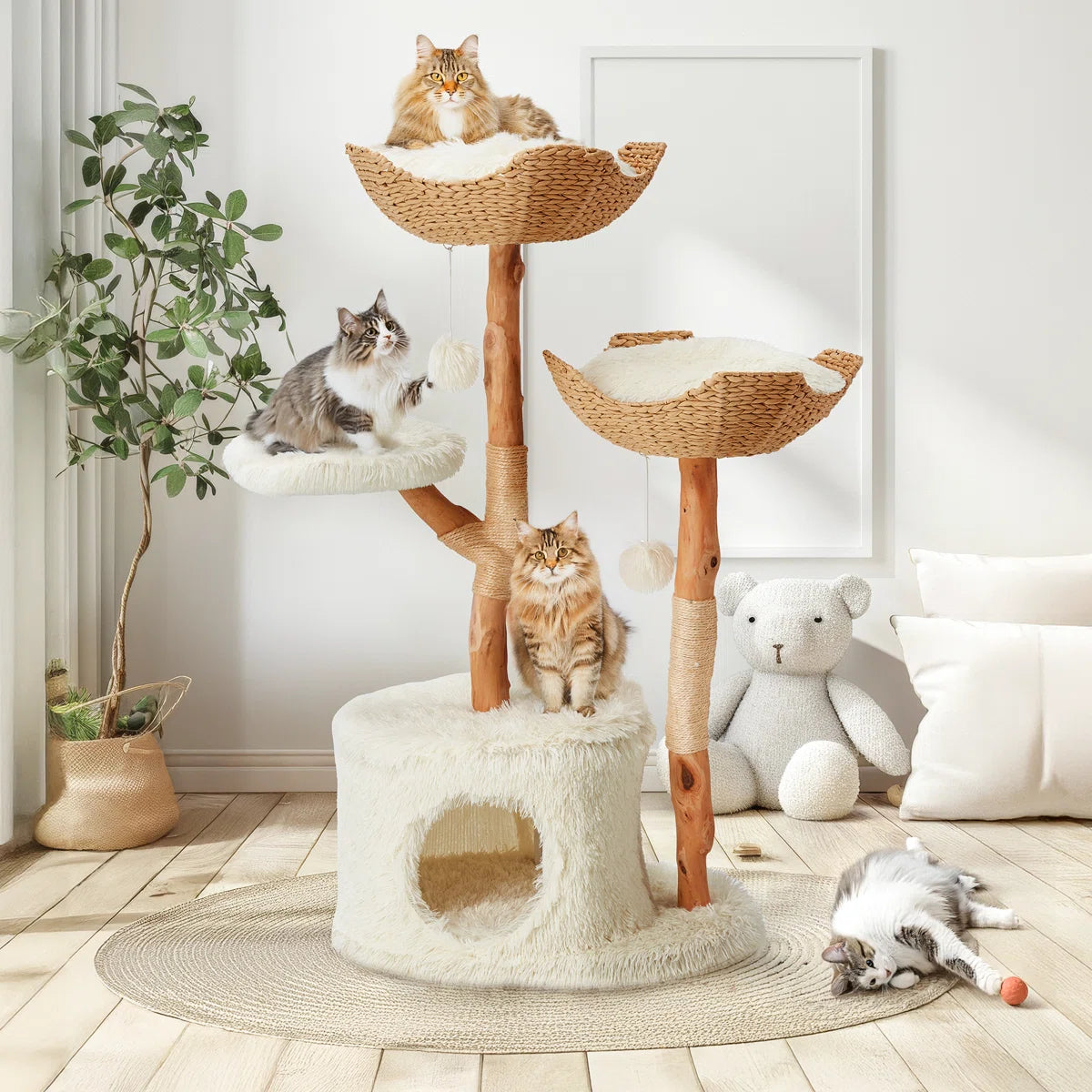 Natural Wood Cat Tower With Hand-woven Baskets And Cat Condo, Tall Cat Tree, White