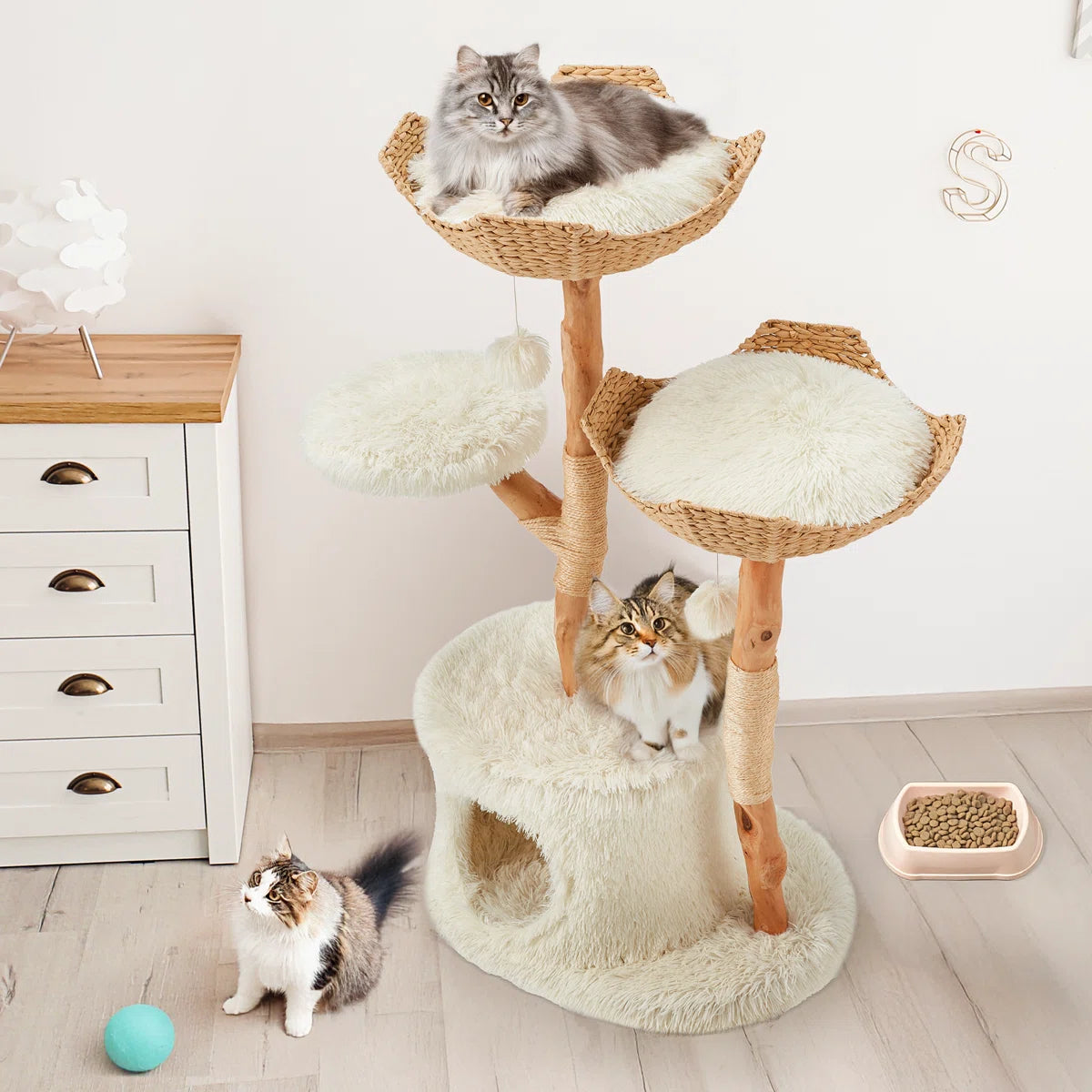 Natural Wood Cat Tower With Hand-woven Baskets And Cat Condo, Tall Cat Tree, White