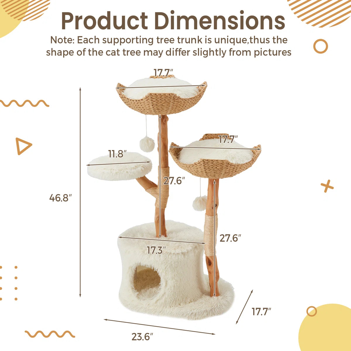 Natural Wood Cat Tower With Hand-woven Baskets And Cat Condo, Tall Cat Tree, White