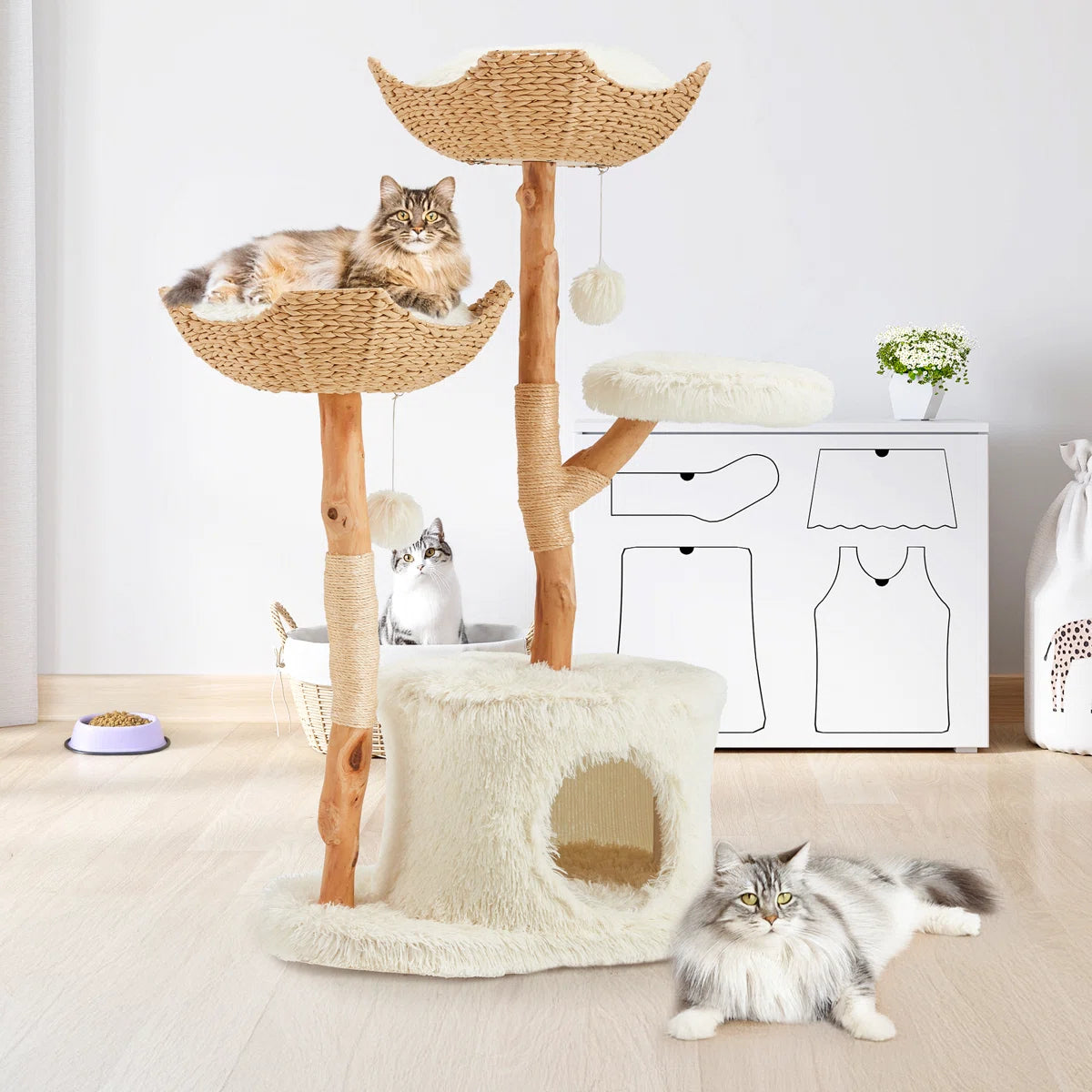 Natural Wood Cat Tower With Hand-woven Baskets And Cat Condo, Tall Cat Tree, White