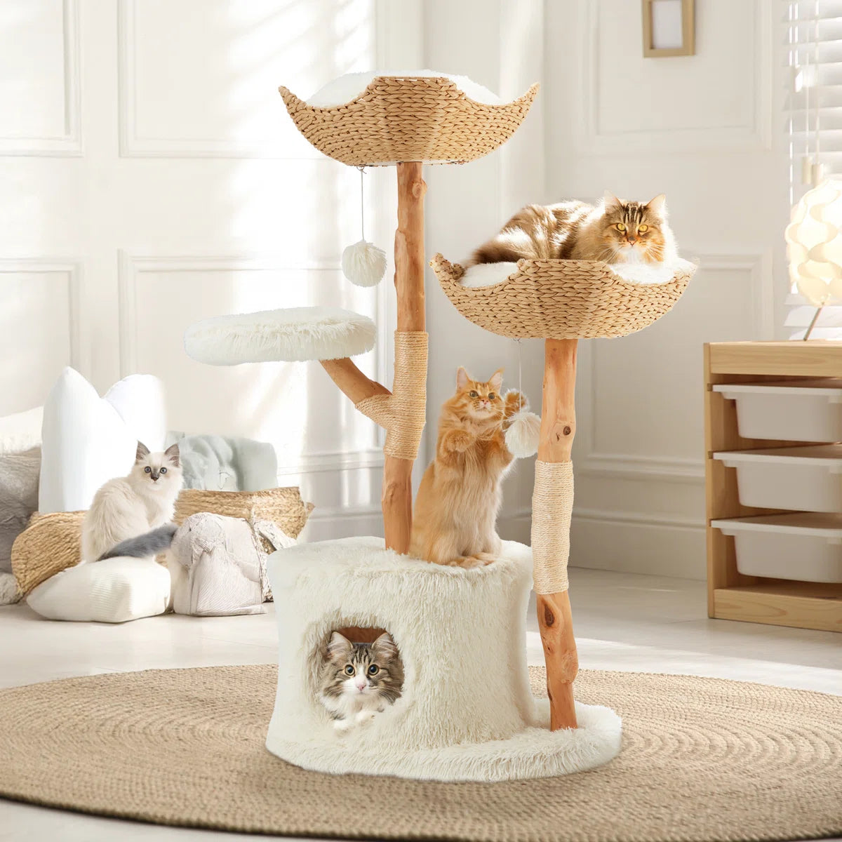 Natural Wood Cat Tower With Hand-woven Baskets And Cat Condo, Tall Cat Tree, White