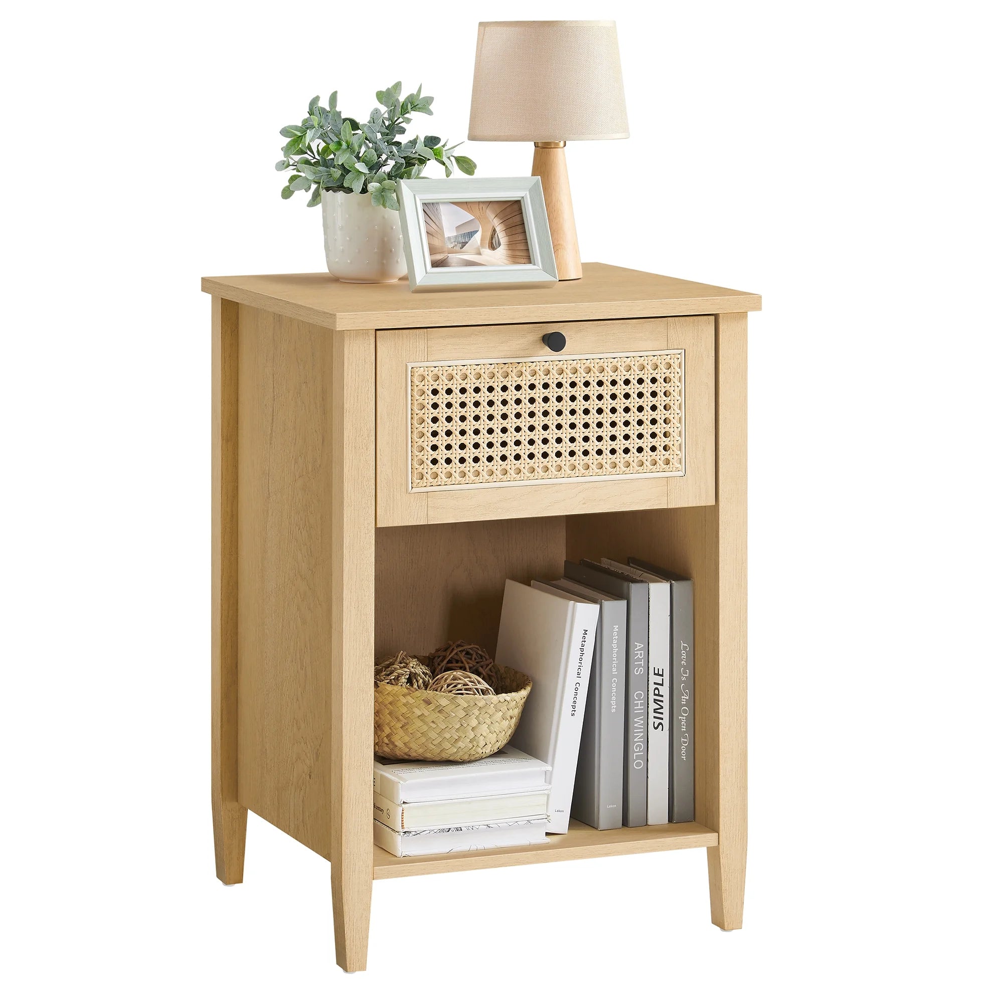Boho Nightstand, Bedside Table with Drawer Cane Accent Bedside End Table with Solid Wood Legs