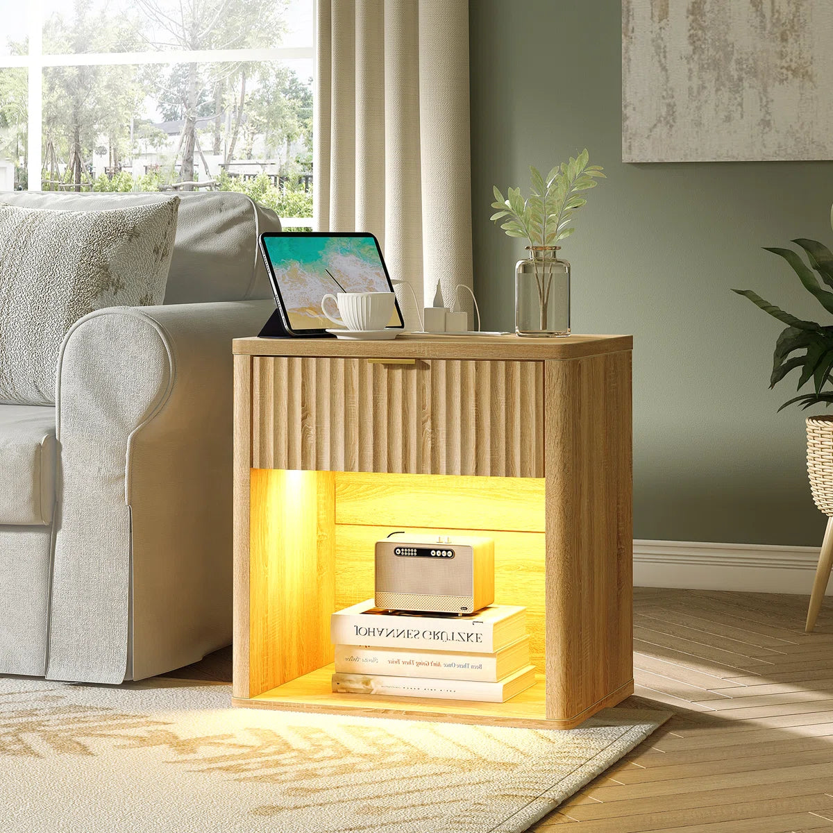 Bedside Table With Drawer Storage And Lights - Yellow SHOWROOM ITEM