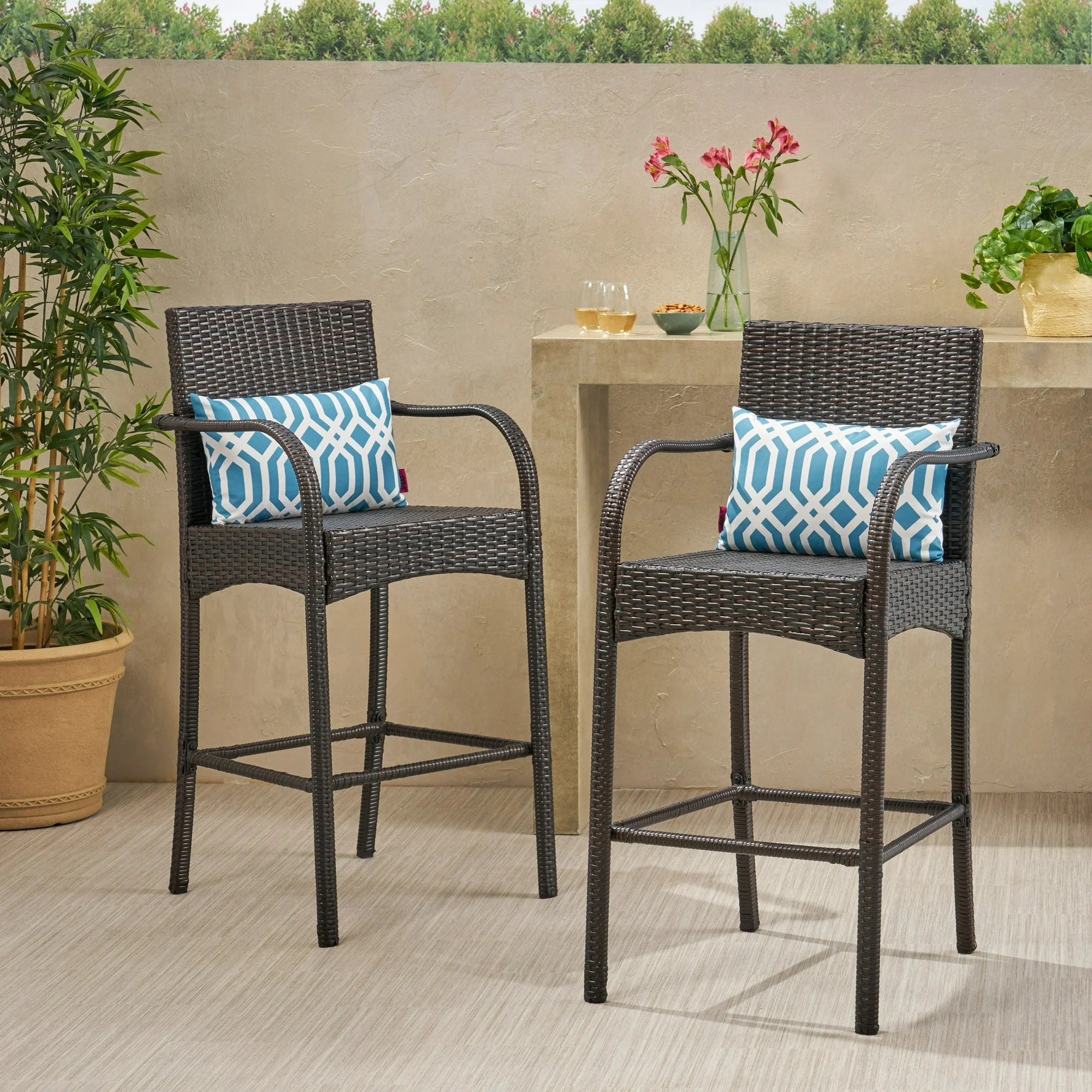 Cascada Outdoor Wicker Barstool Chair in Brown (Set of 2)