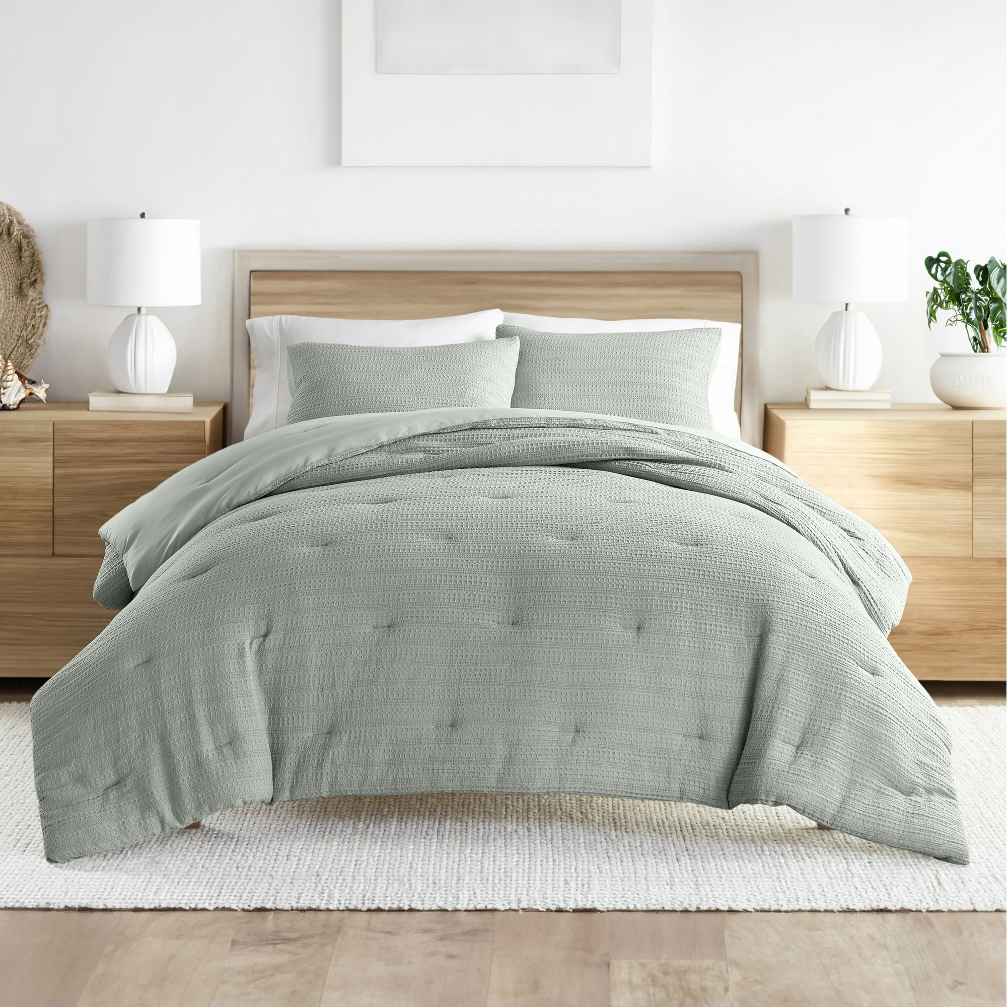 3 Piece Green Mist Waffle Textured All Season Down-Alternative Comforter Set, King