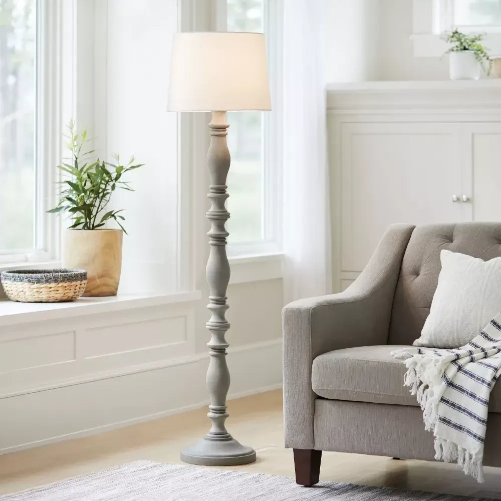 Turned Wood Floor Lamp Gray