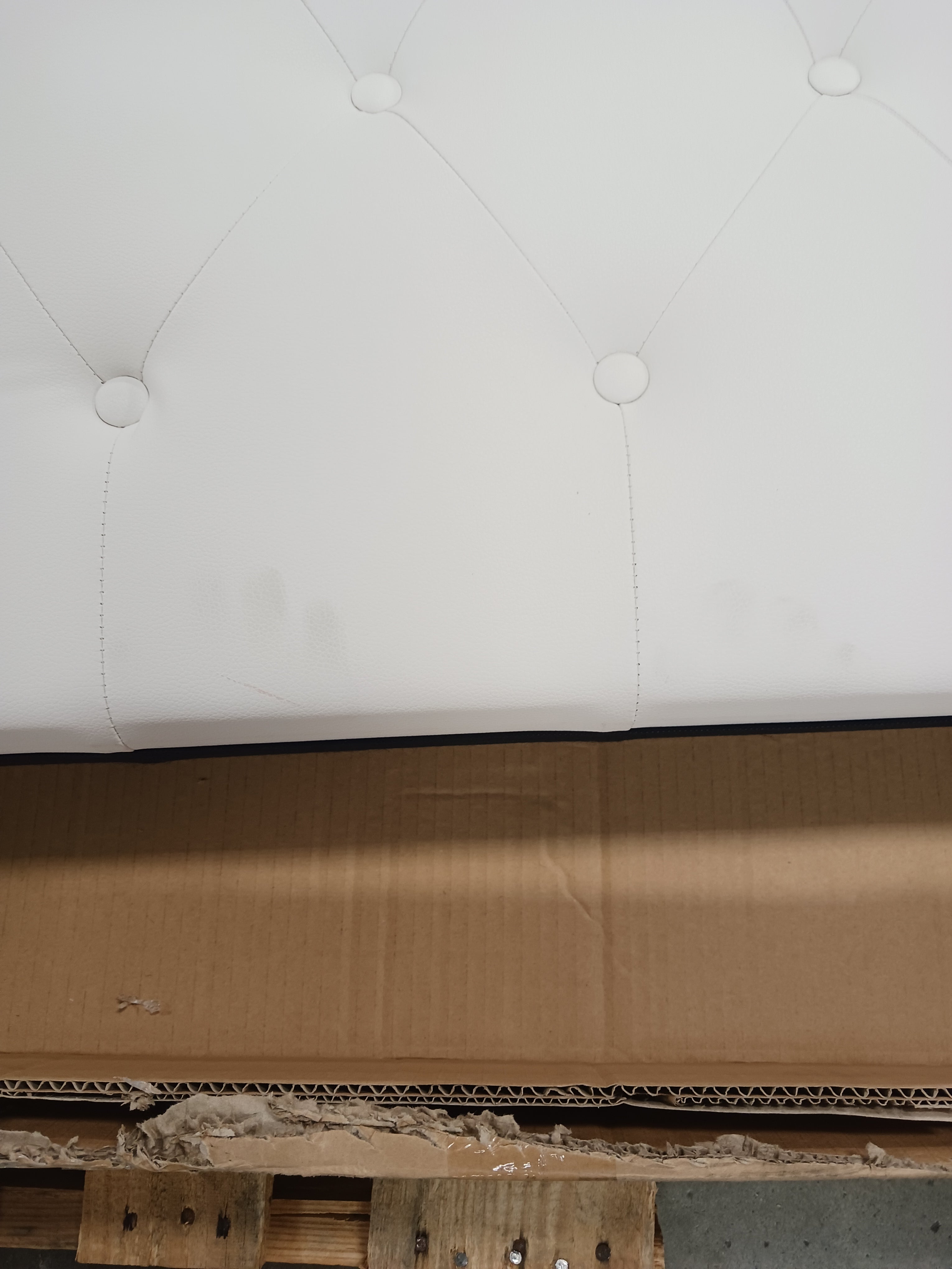 Bardy Upholstered Panel Bed Frame with Diamond Button Tufted and Nailhead Trim Wingback Headboard, King in White Faux Leather Fabric