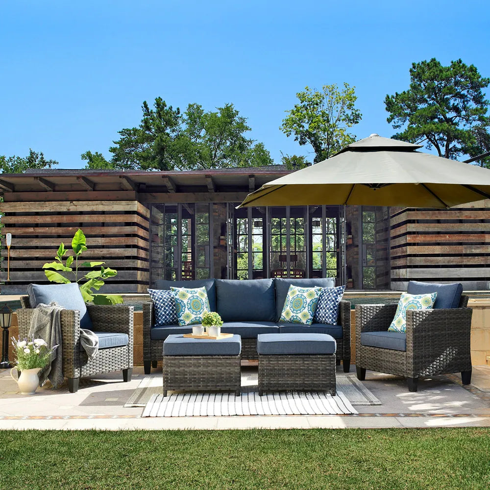 3-piece Patio Furniture Wicker Outdoor High-back Seating Set - DenimBlue/Black Frame
