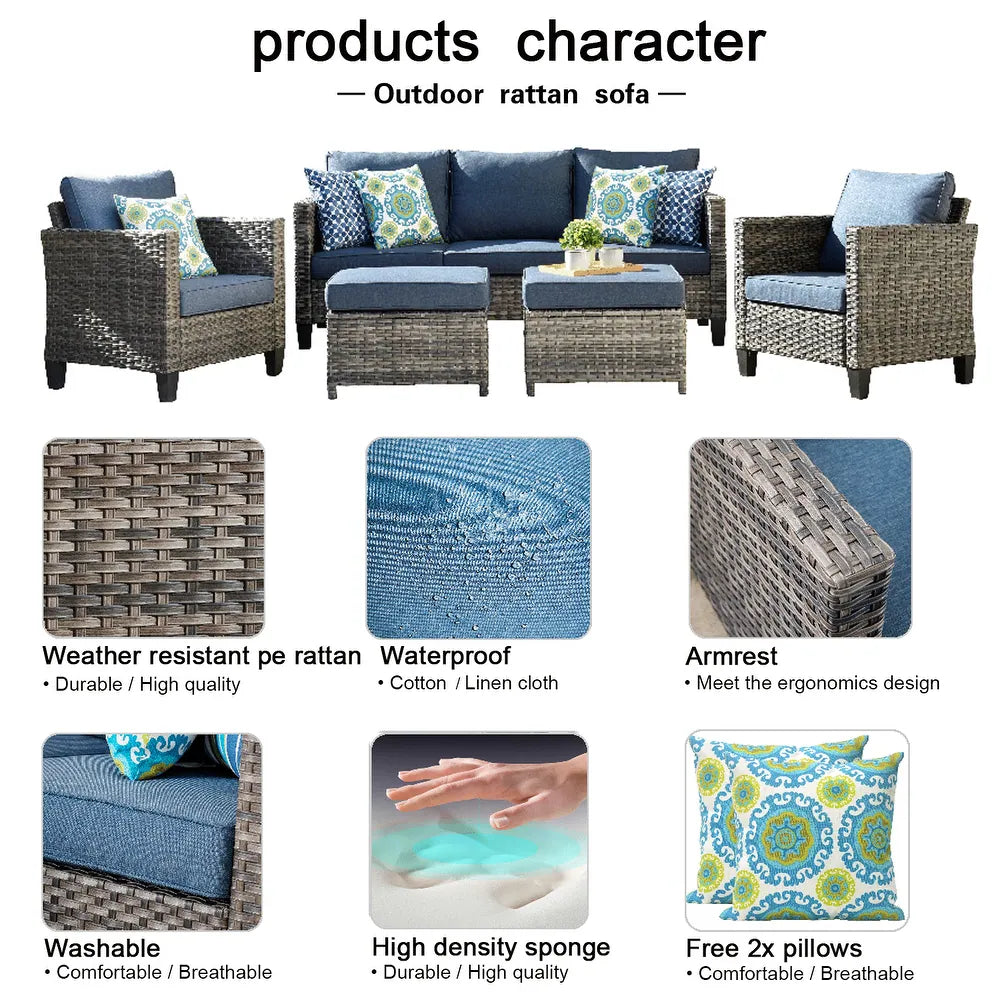 3-piece Patio Furniture Wicker Outdoor High-back Seating Set - DenimBlue/Black Frame