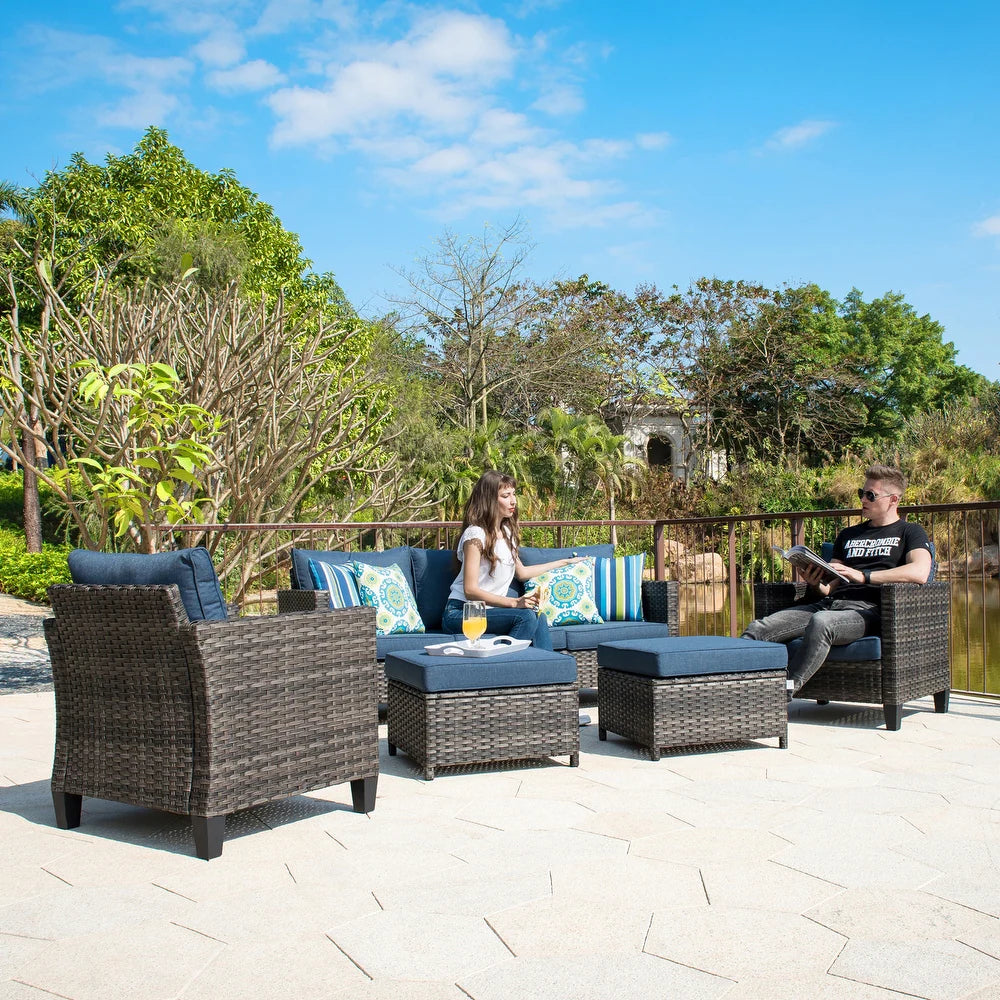 3-piece Patio Furniture Wicker Outdoor High-back Seating Set - DenimBlue/Black Frame