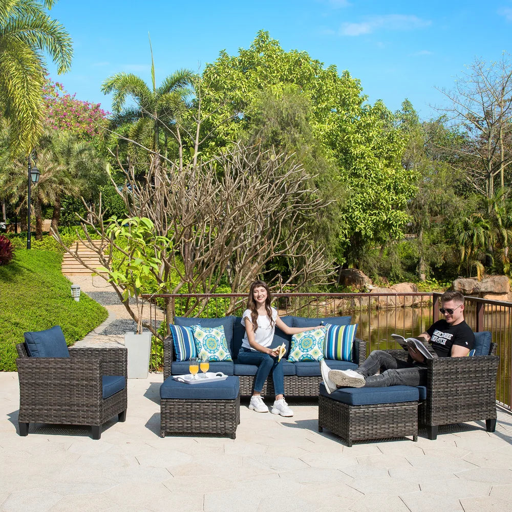 3-piece Patio Furniture Wicker Outdoor High-back Seating Set - DenimBlue/Black Frame