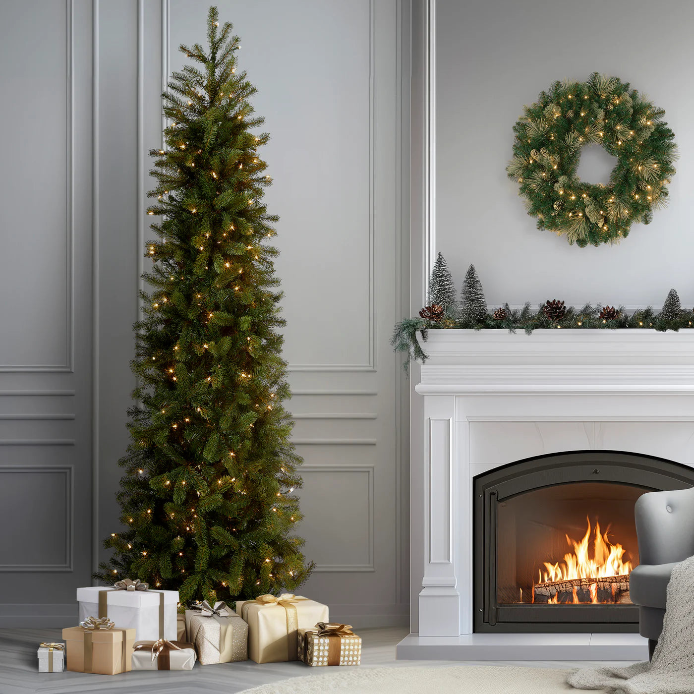 Pre-Lit Downswept Douglas Fir Pencil Slim Tree with Clear Lights